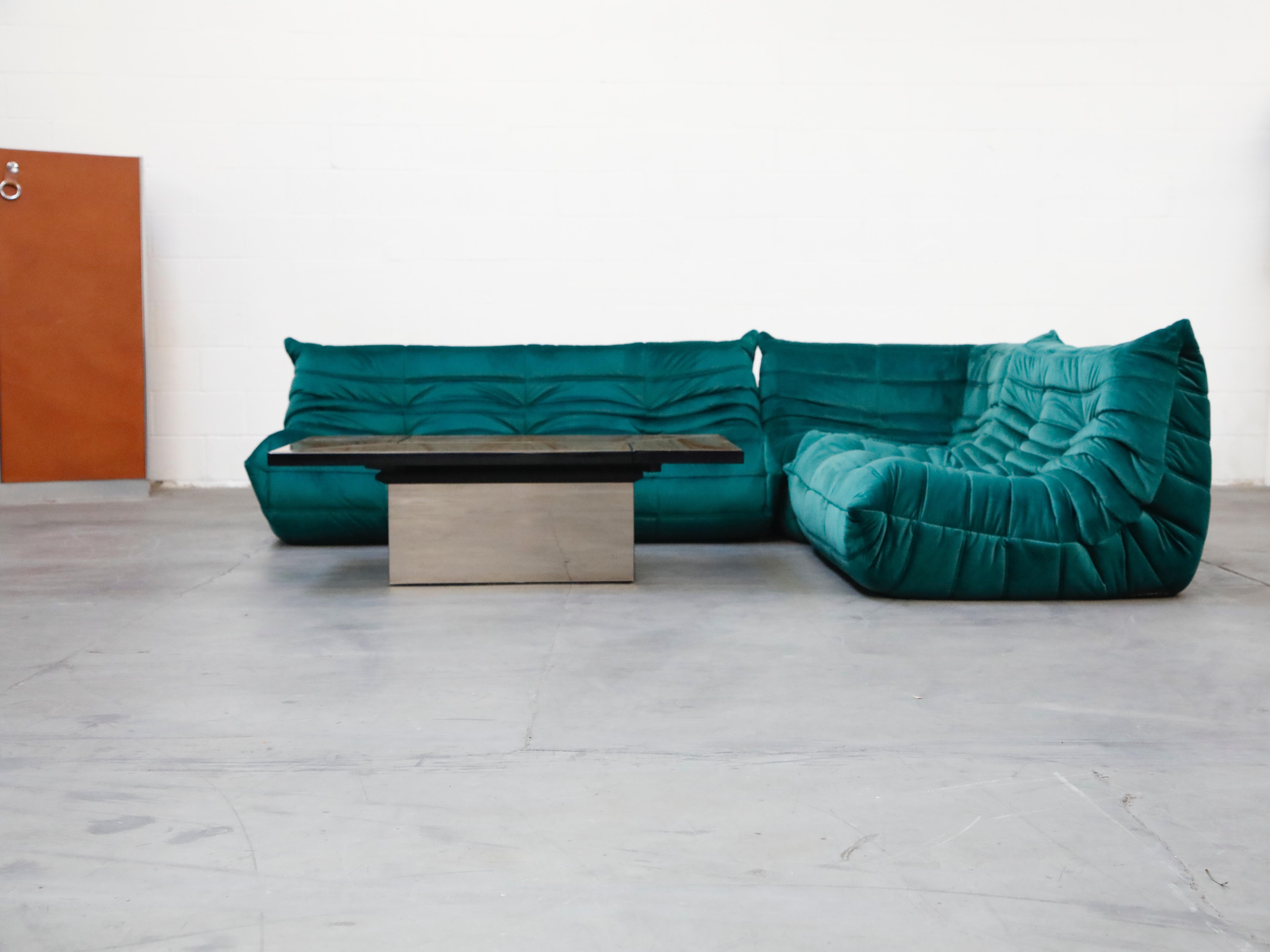 'Togo' Three-Seat Sofa by Michel Ducaroy for Ligne Roset in Emerald Green Velvet 6