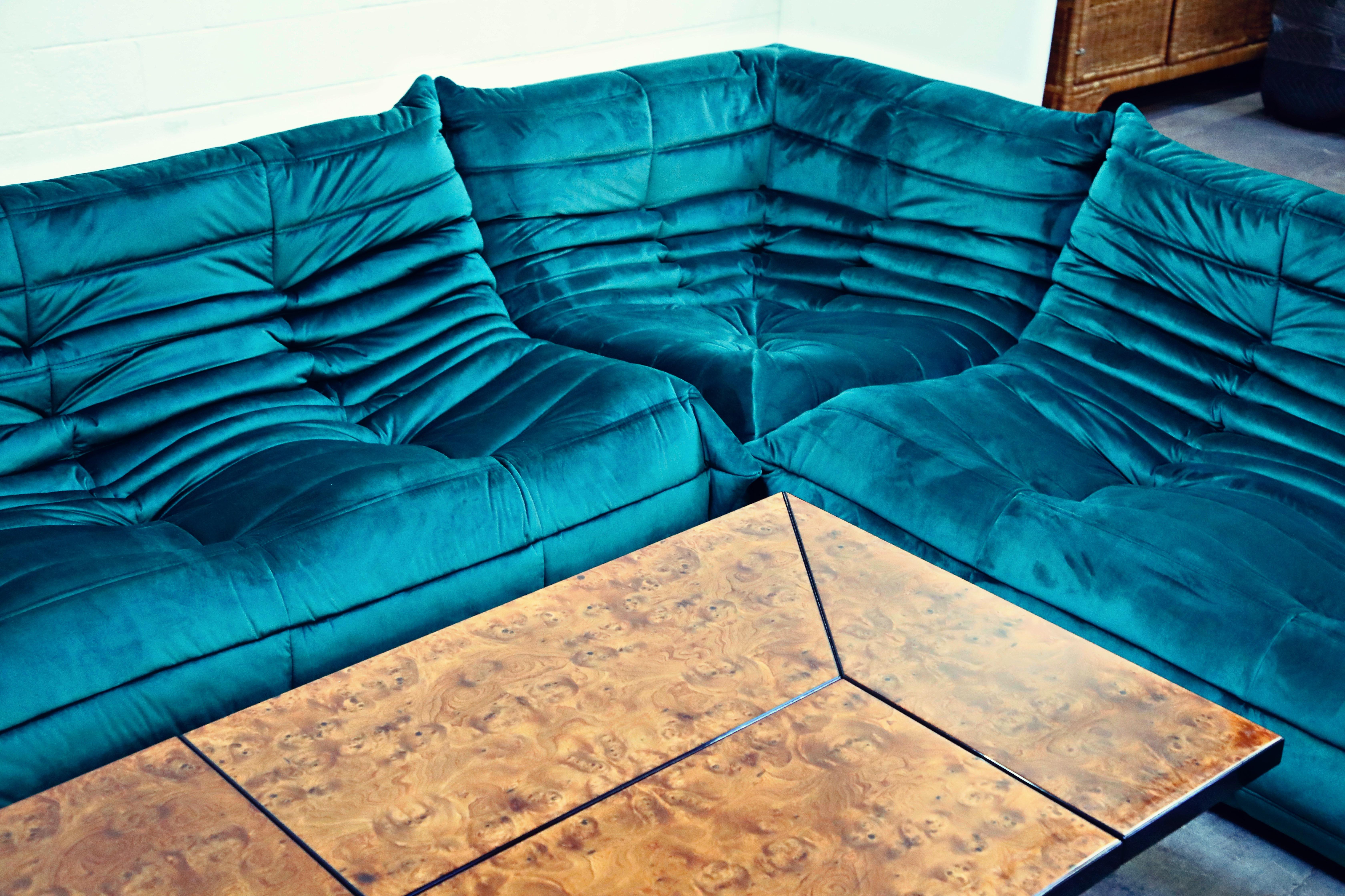 'Togo' Three-Seat Sofa by Michel Ducaroy for Ligne Roset in Emerald Green Velvet 10