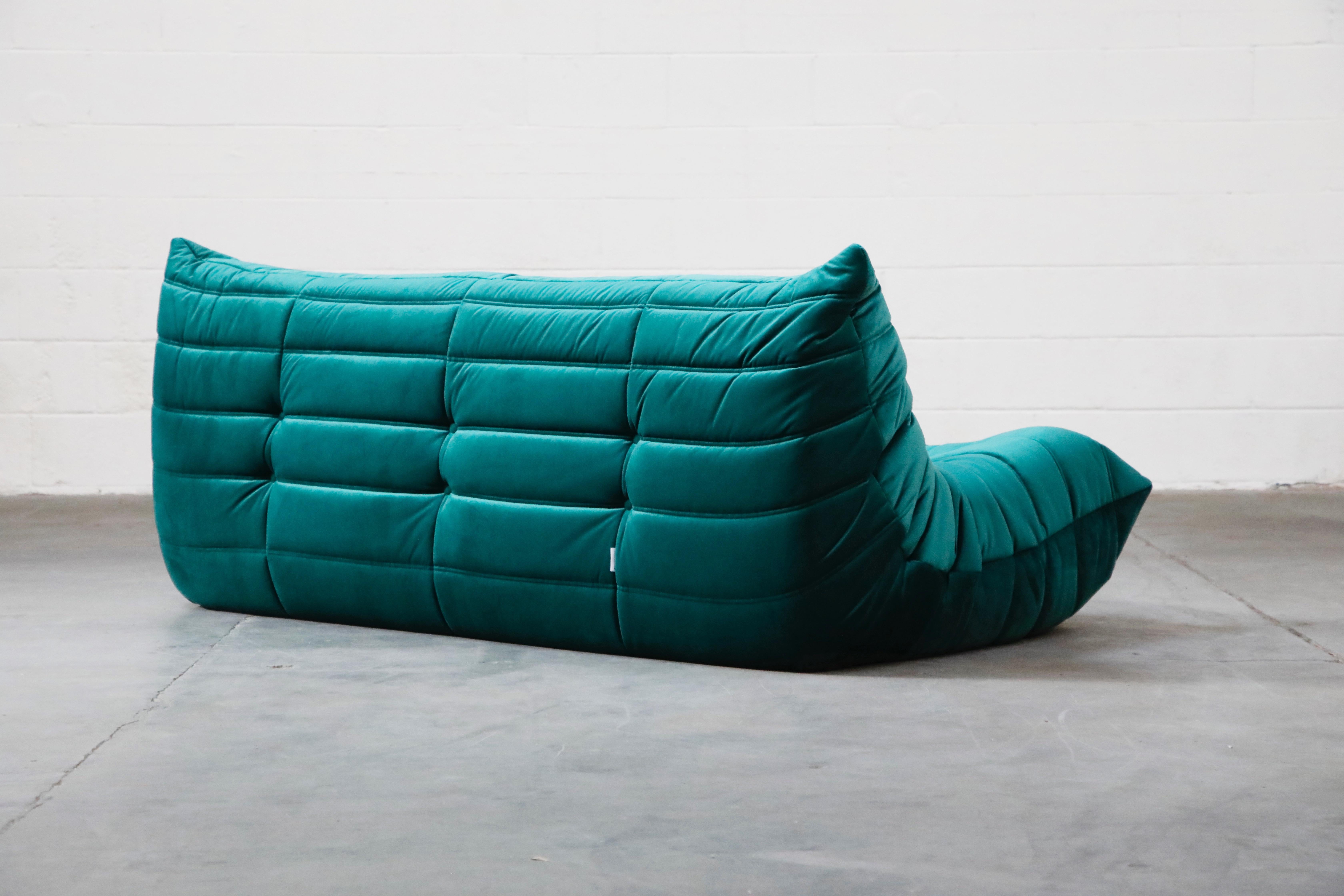 Modern 'Togo' Three-Seat Sofa by Michel Ducaroy for Ligne Roset in Emerald Green Velvet