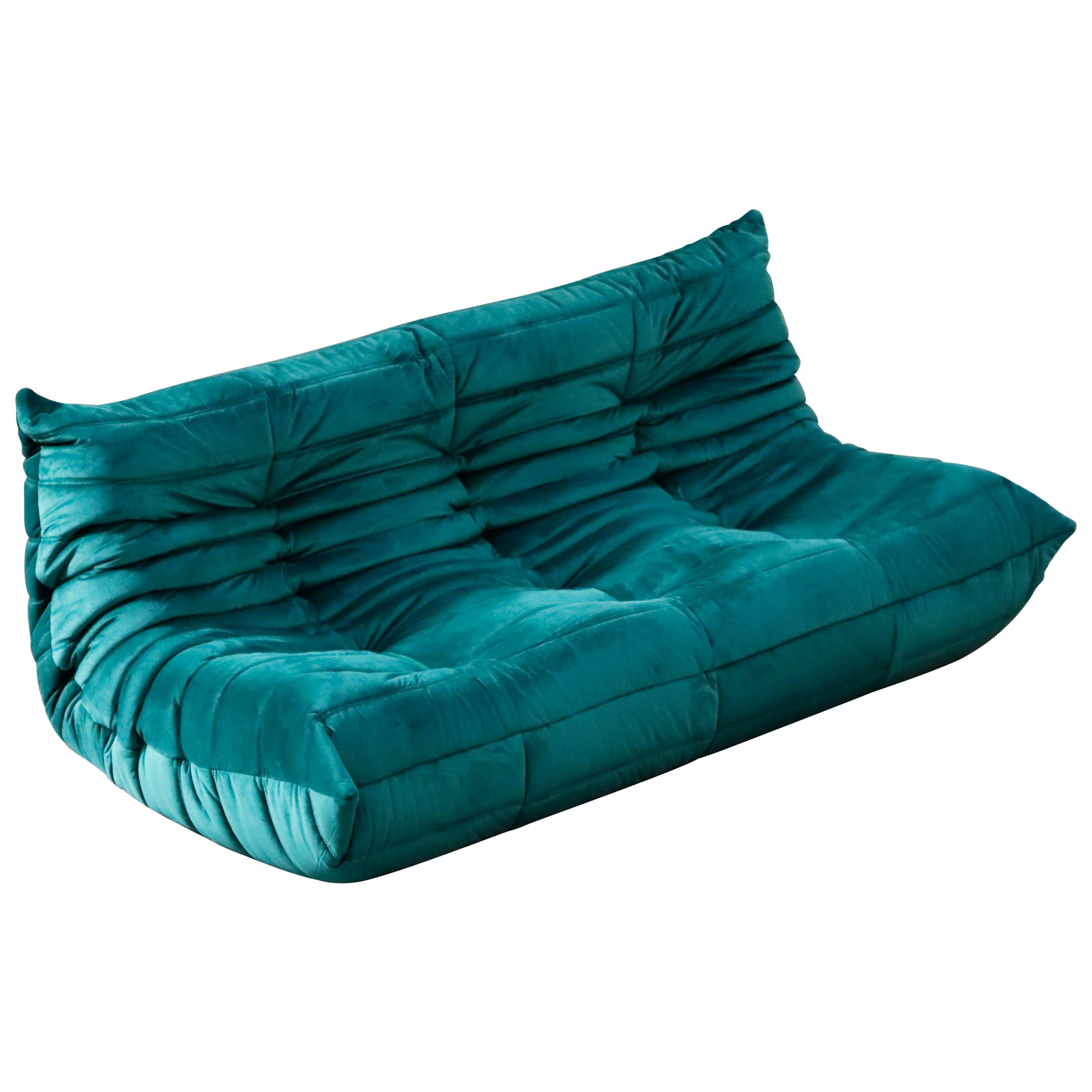 'Togo' Three-Seat Sofa by Michel Ducaroy for Ligne Roset in Emerald Green Velvet