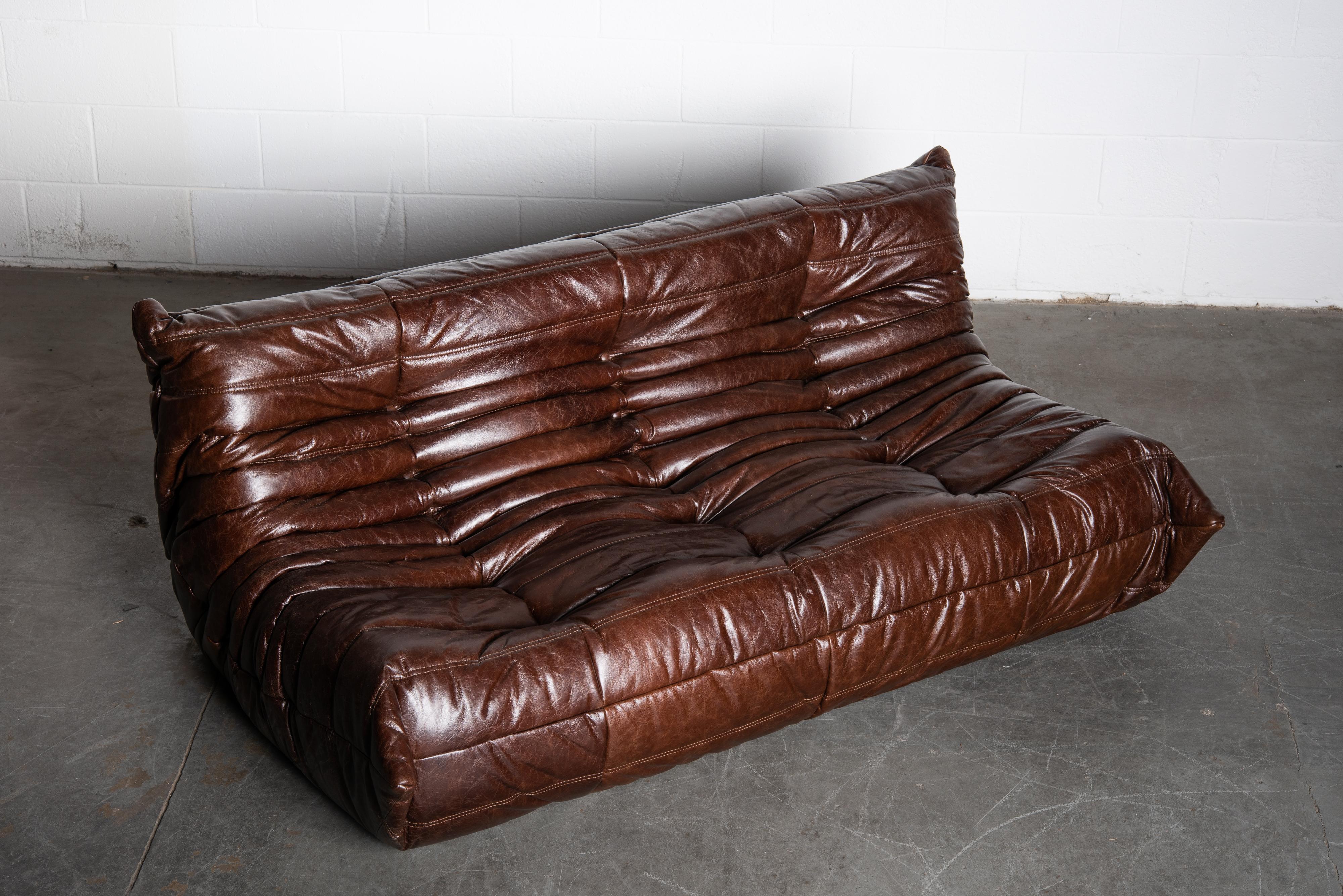 Leather 'Togo' Three Seat Sofa Set by Michel Ducaroy for Ligne Roset, Signed