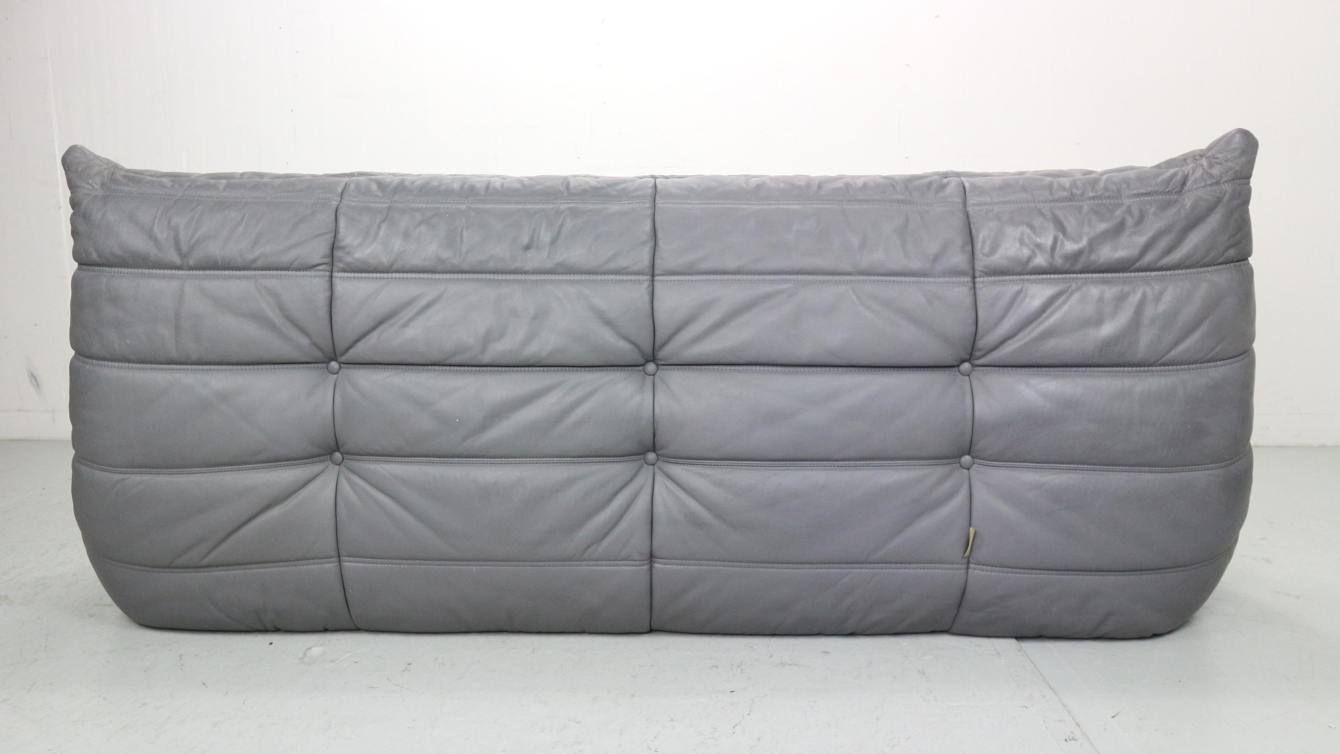 20th Century 'Togo' three-seater sofa by M. Ducaroy for Ligne Roset in grey leather, 1980s