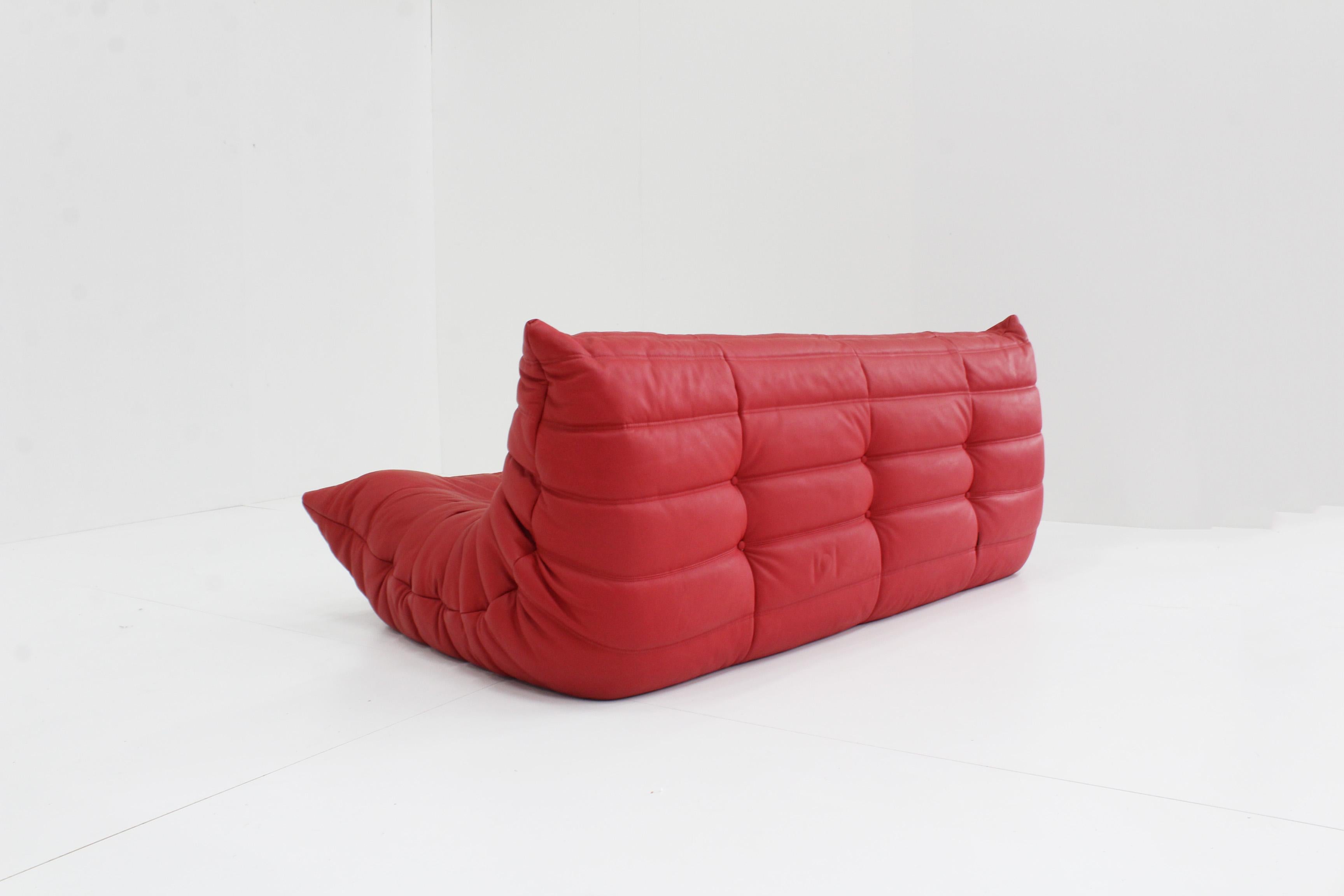 Togo Three Seather in Red Leather by Michel Ducaroy for Ligne Roset 3