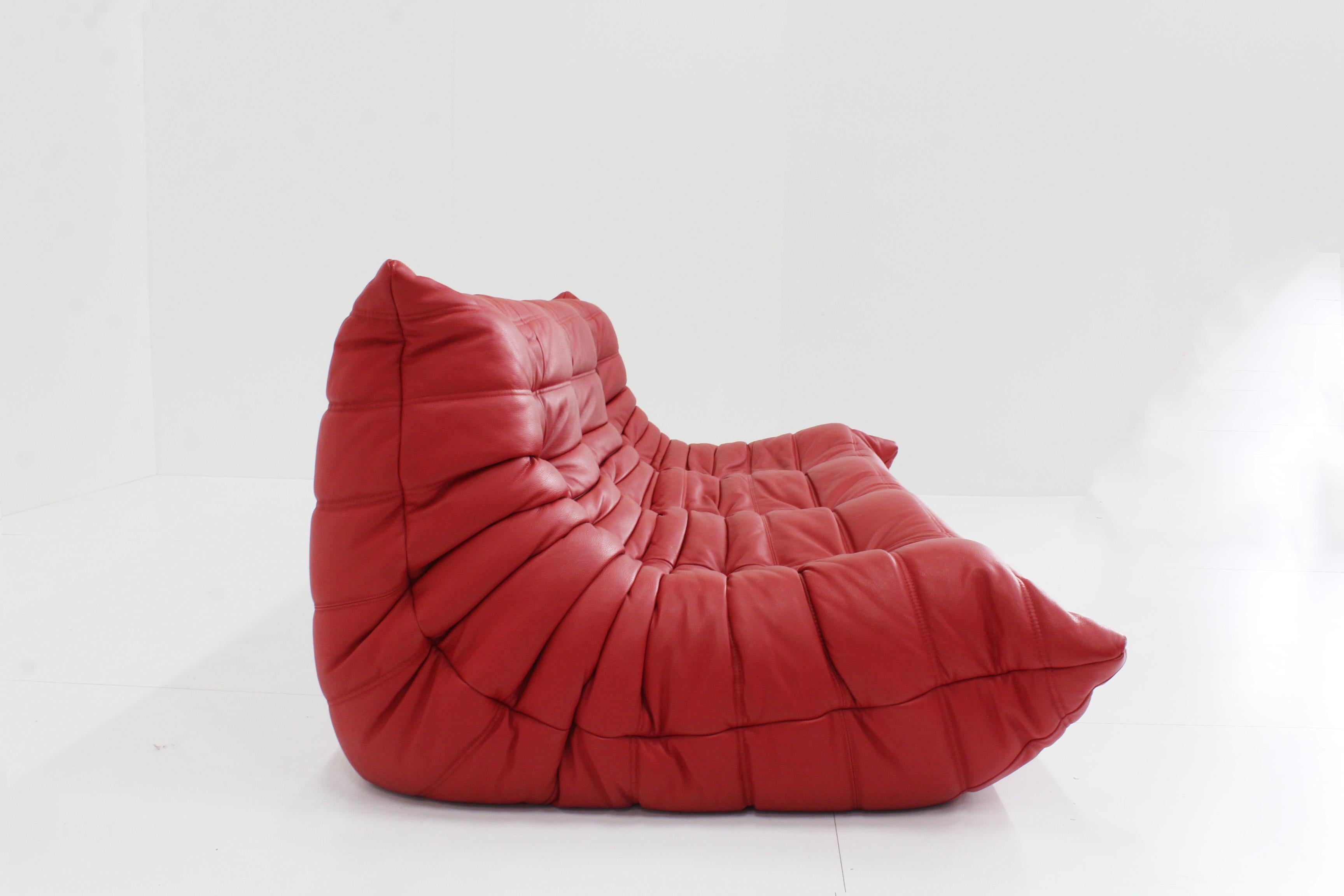 Togo Three Seather in Red Leather by Michel Ducaroy for Ligne Roset 9