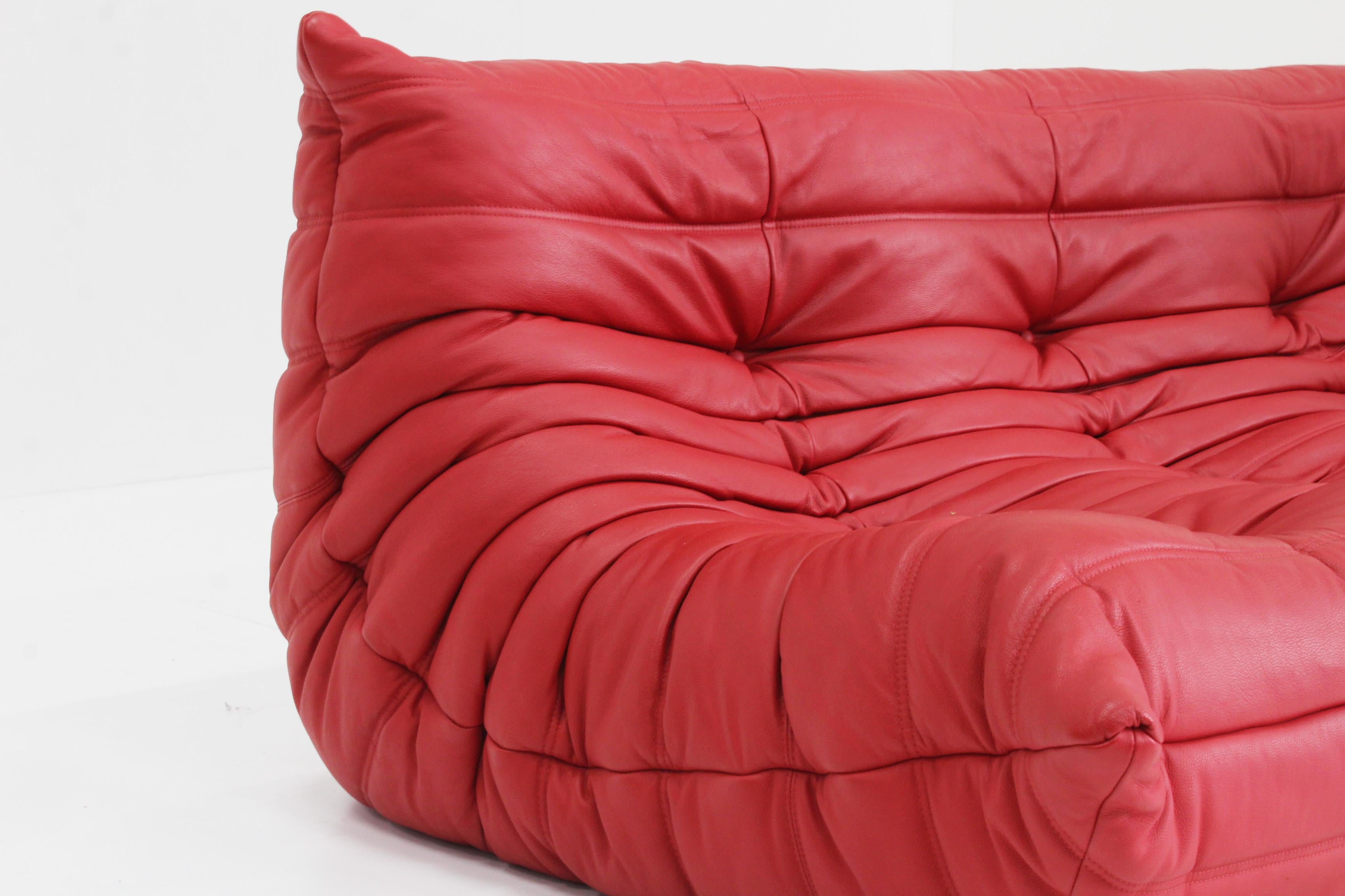Togo Three Seather in Red Leather by Michel Ducaroy for Ligne Roset 10