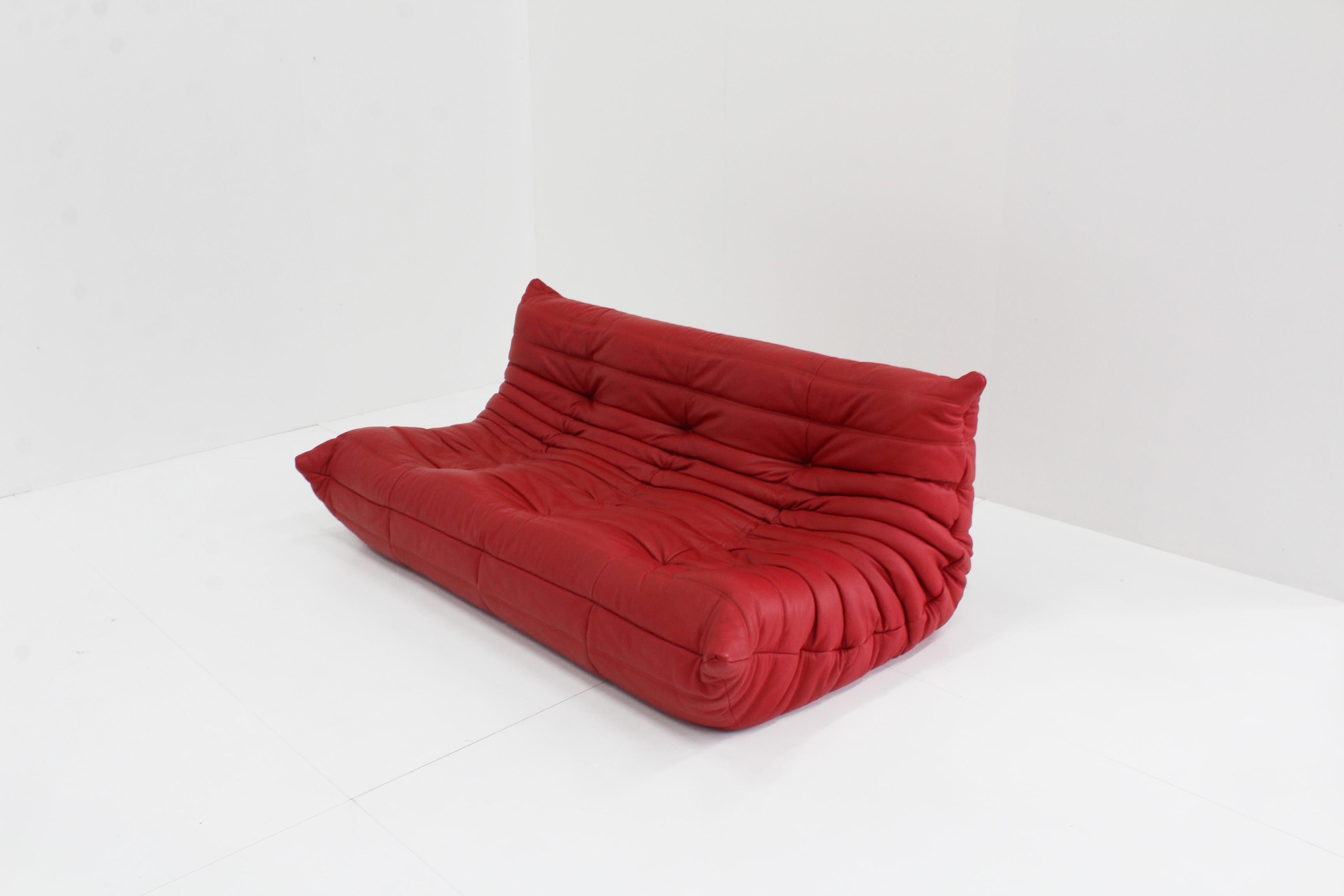 Togo Three Seather in Red Leather by Michel Ducaroy for Ligne Roset 1