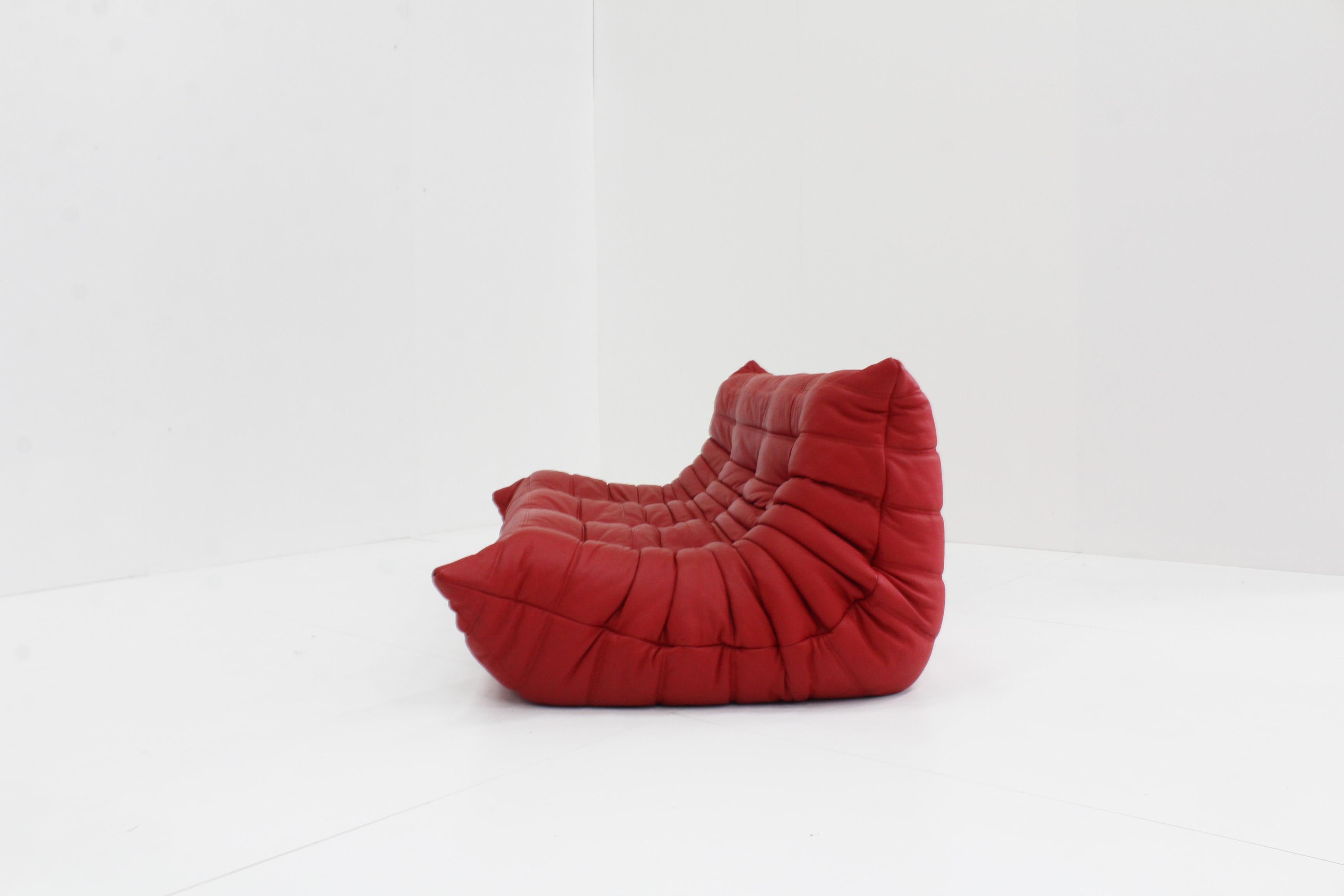 Togo Three Seather in Red Leather by Michel Ducaroy for Ligne Roset 2