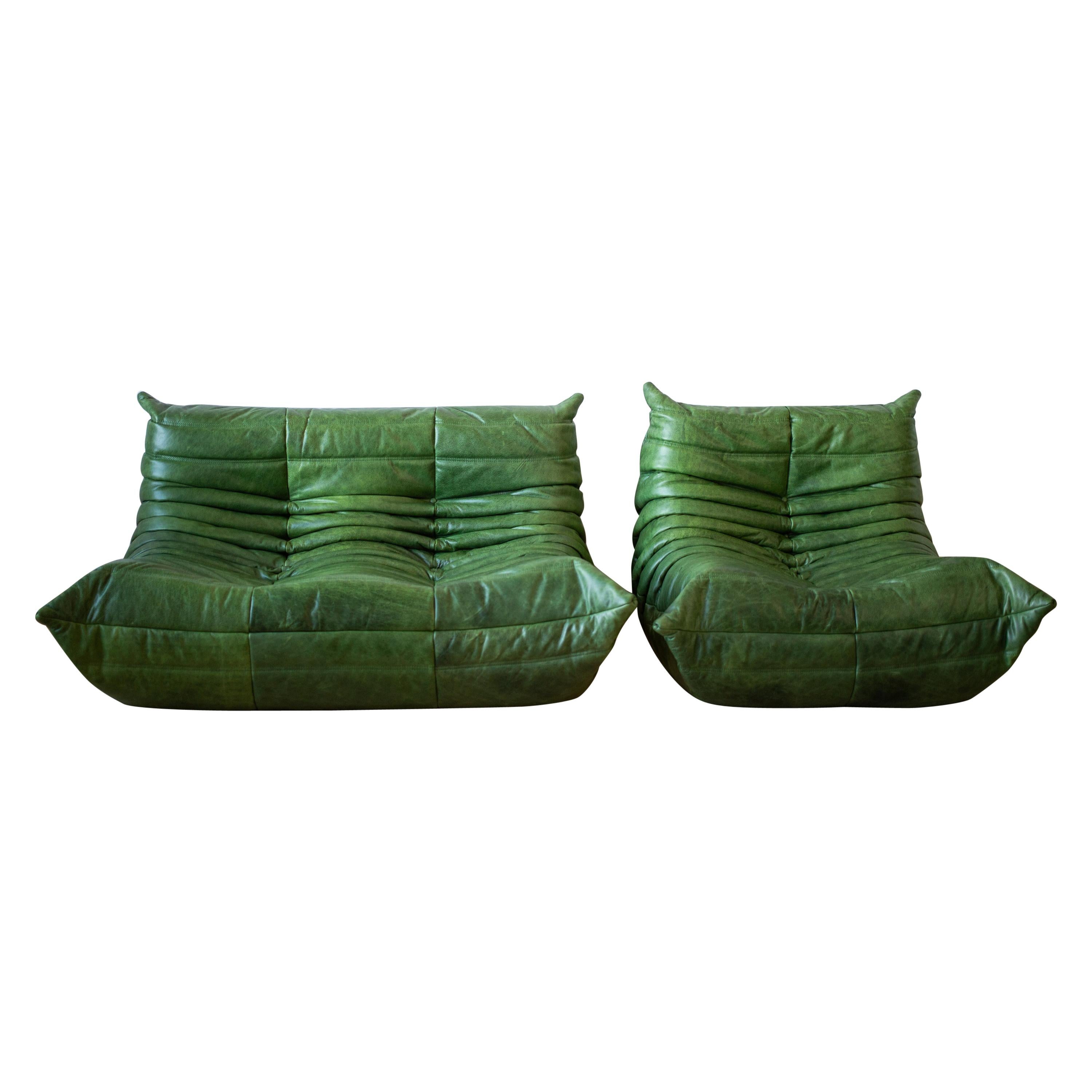 Togo Two-Piece Set, Design by Michel Ducaroy, Dubai Green Leather For Sale