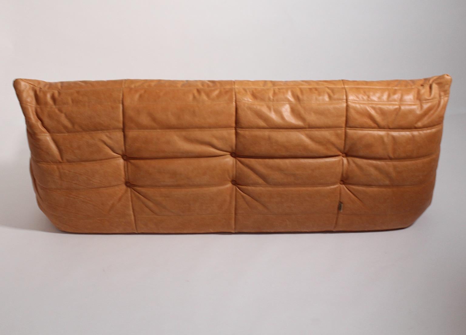 Togo Vintage Brown Leather Four Sectional Settee Michel Ducaroy Ligne Roset 1973 6