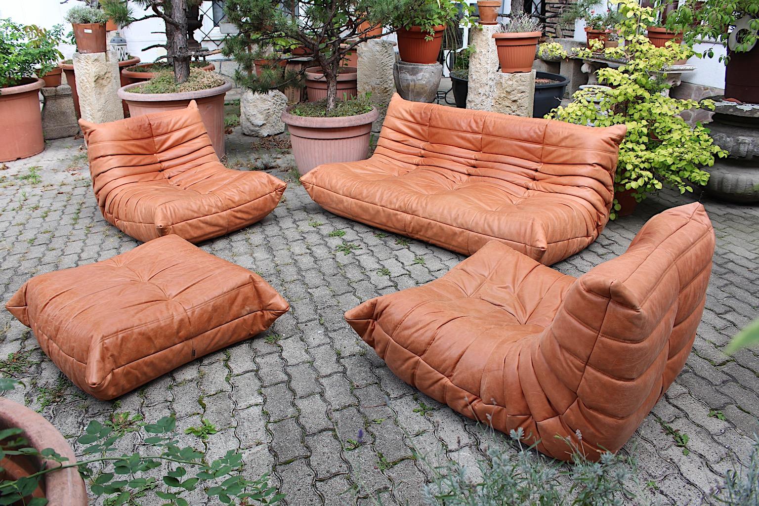 French Togo Vintage Brown Leather Four Sectional Settee Michel Ducaroy Ligne Roset 1973