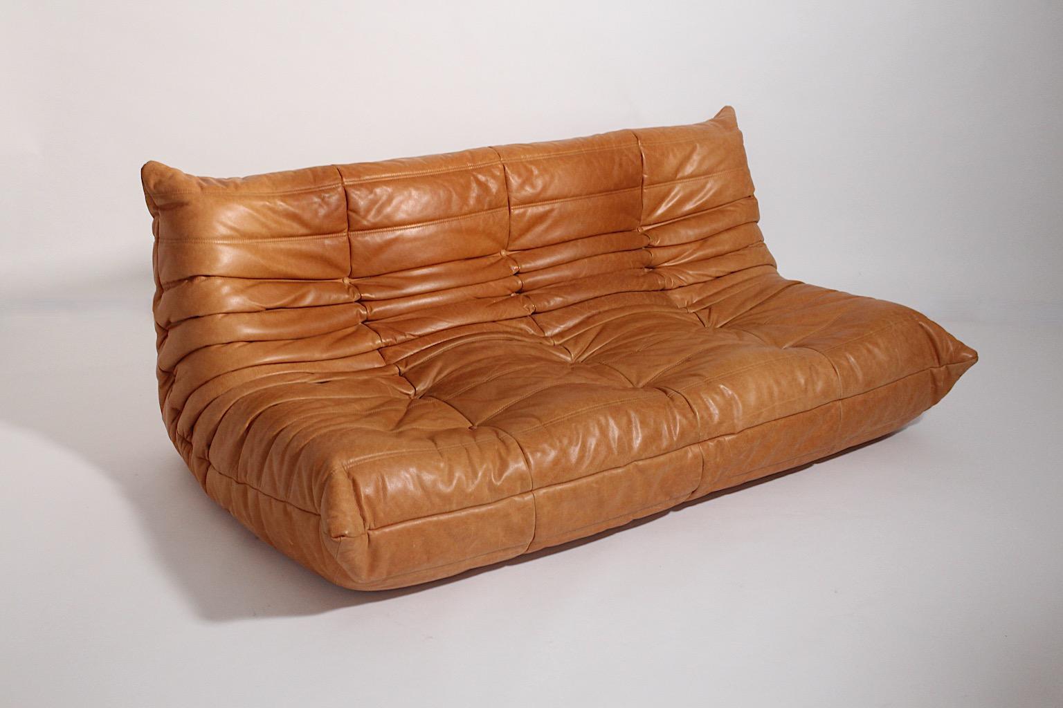 Togo Vintage Brown Leather Four Sectional Settee Michel Ducaroy Ligne Roset 1973 2