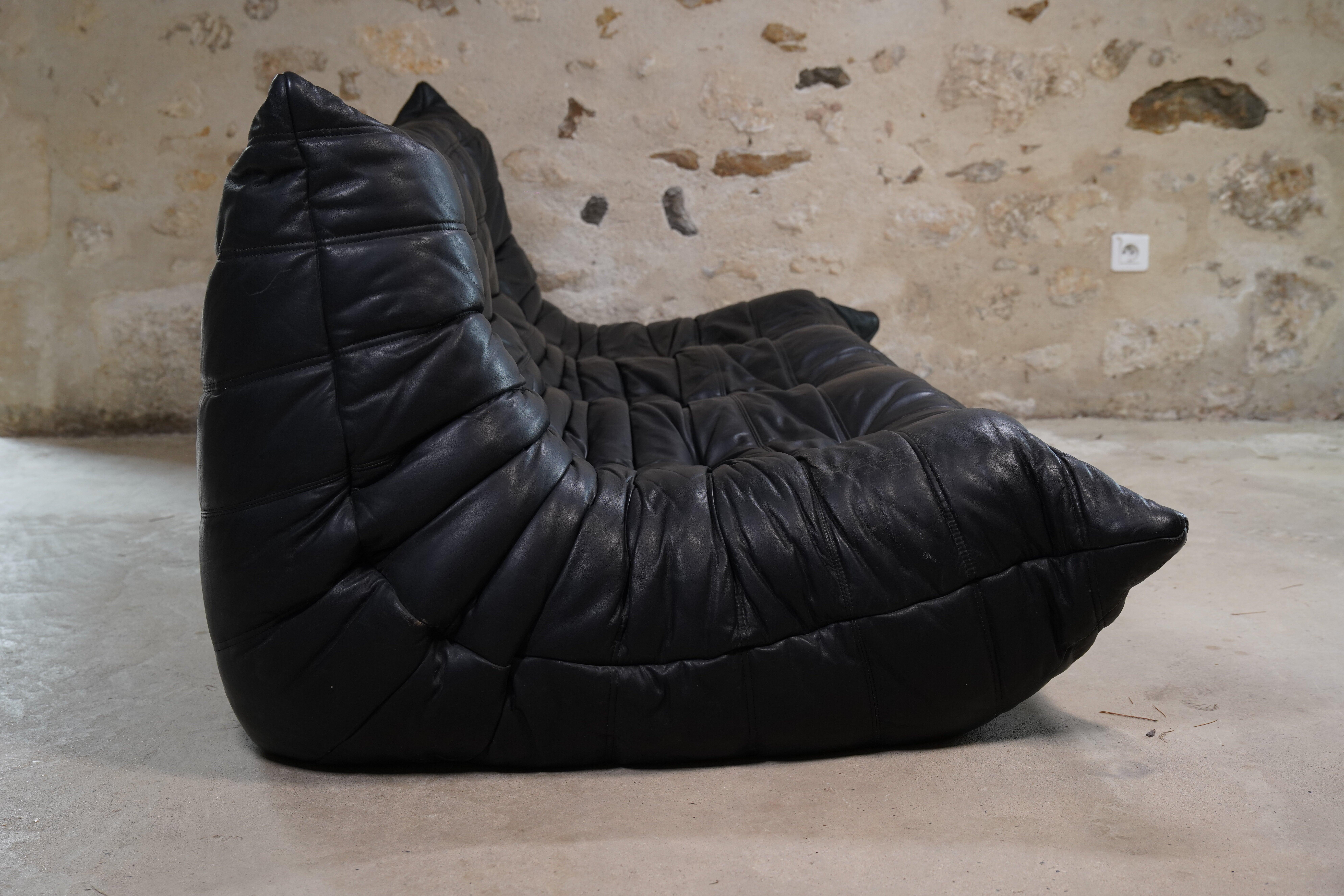 Dreisitziges Togo-Sofa aus schwarzem Leder von Michel Ducaroy für Ligne Roset, 1998 (Moderne der Mitte des Jahrhunderts)