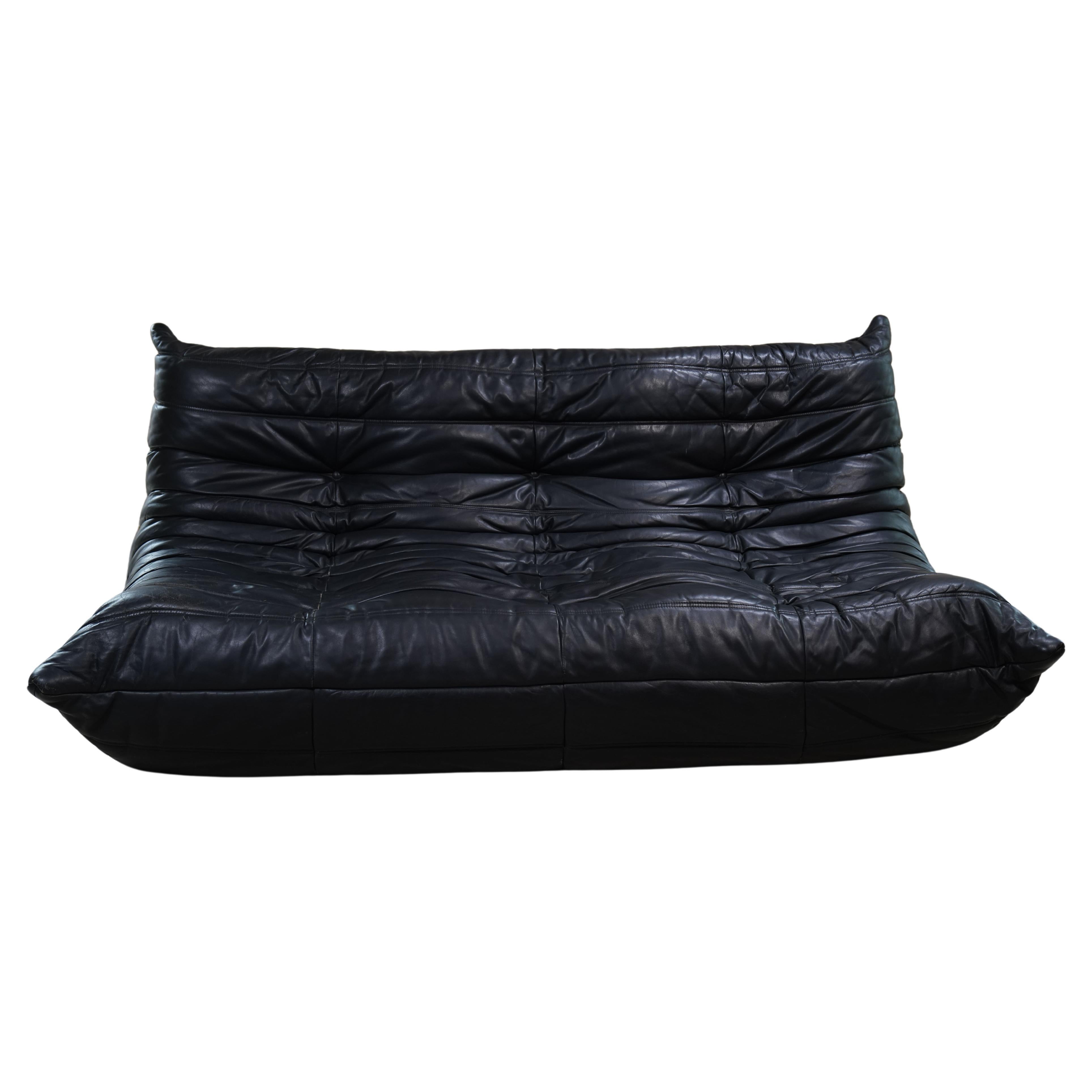 Black Leather Three-Seater Togo Sofa by Michel Ducaroy for Ligne Roset, 1998 For Sale