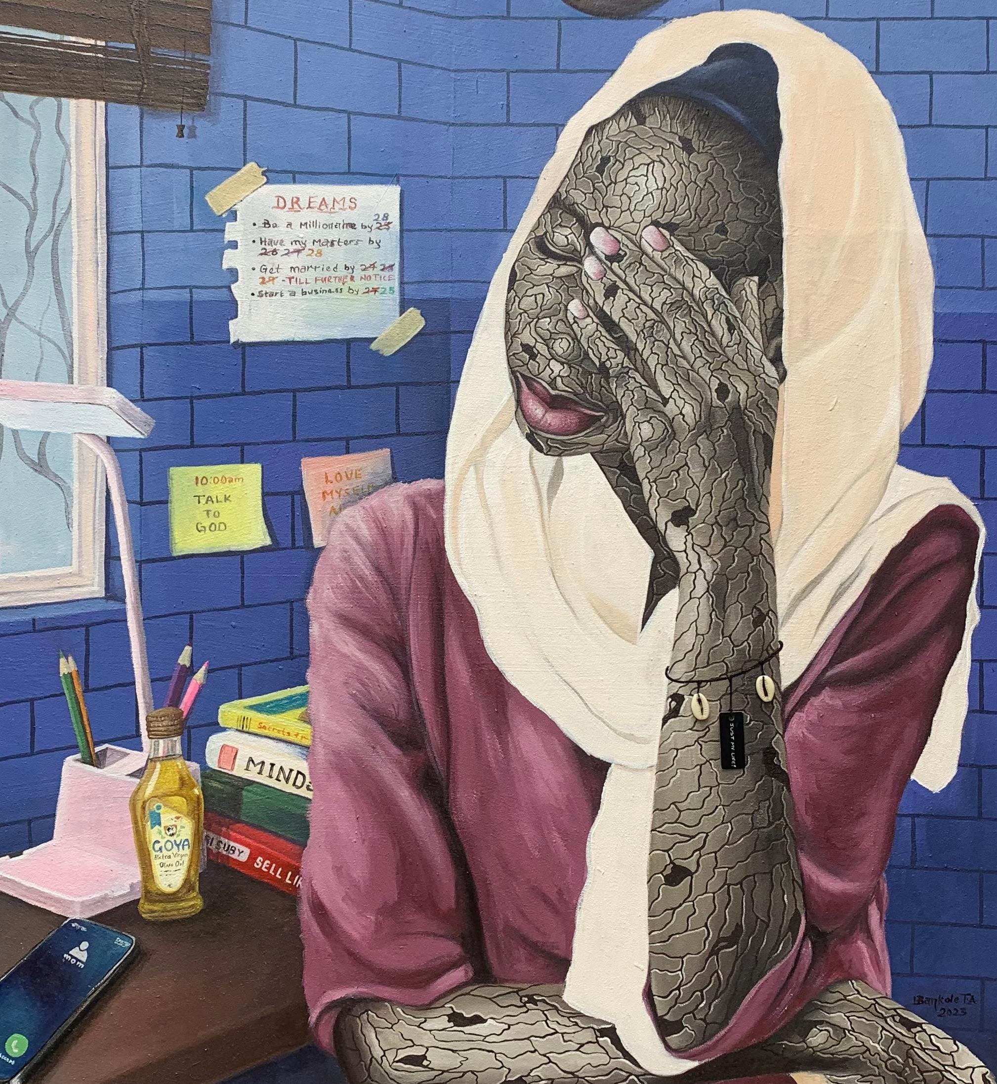 Der Weg zum Werden (Grau), Figurative Painting, von Toheeb Bankole