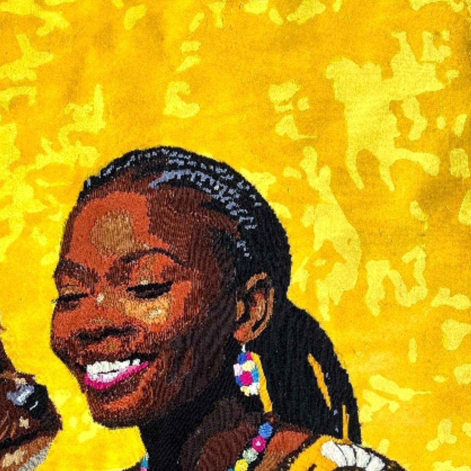 Il filo della compagnia - 21° secolo, Contemporaneo, Figurativo, Cane, Donna - Figurative Painting Giallo di Toheeb Ibrahim