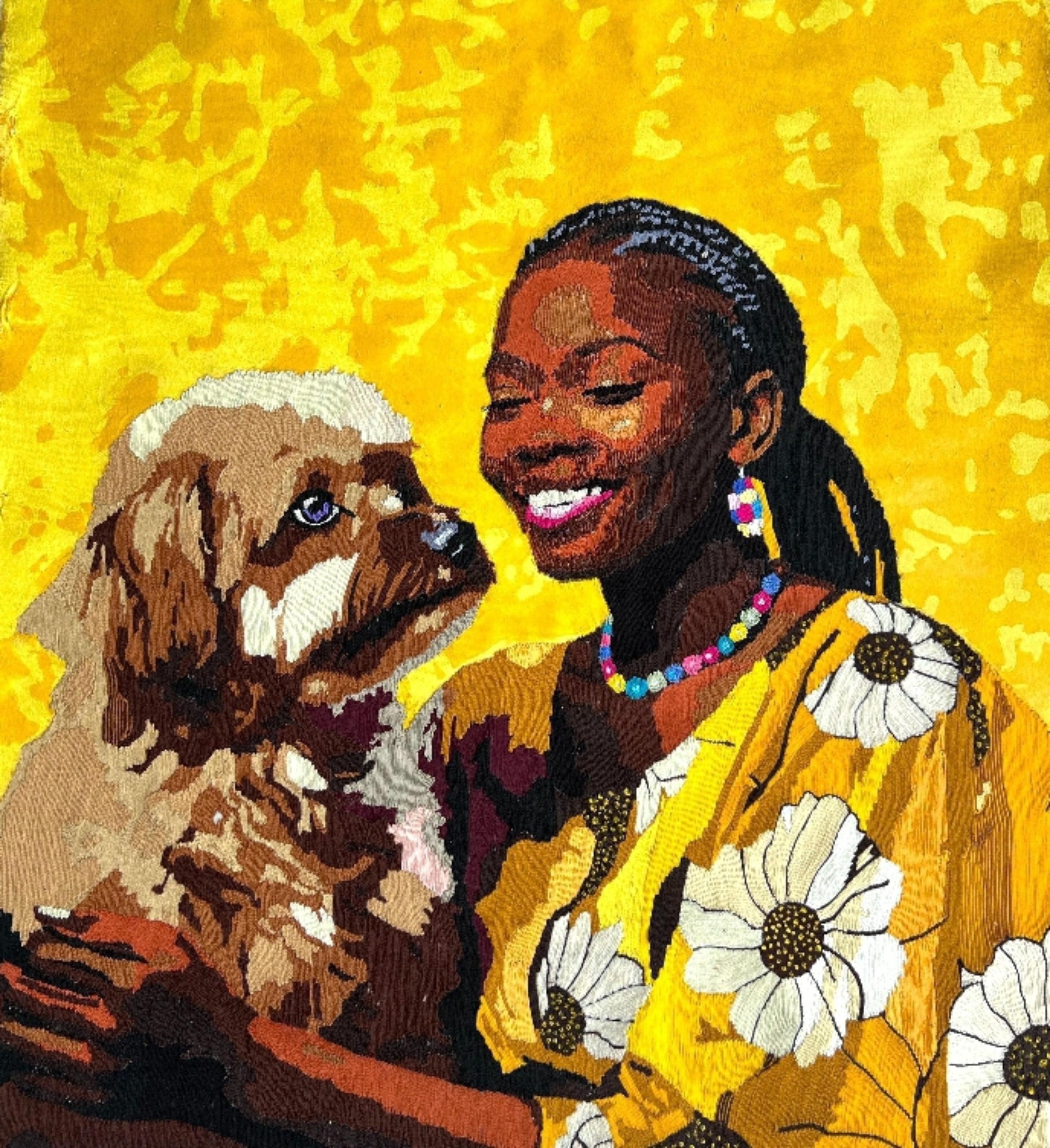 Hilo de compañía - Siglo XXI, Contemporáneo, Figurativo, Perro, Mujer