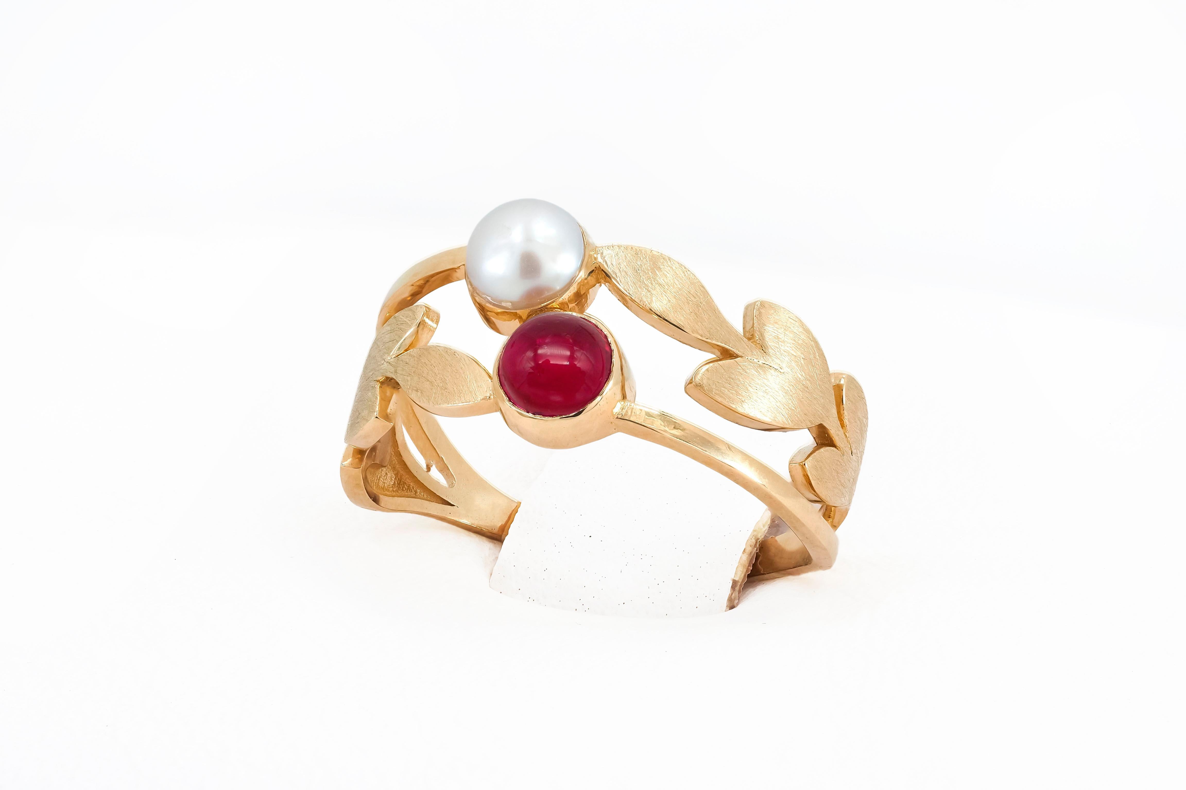 En vente :  Bague Toi and moi avec rubis et perle en or 14 carats 6