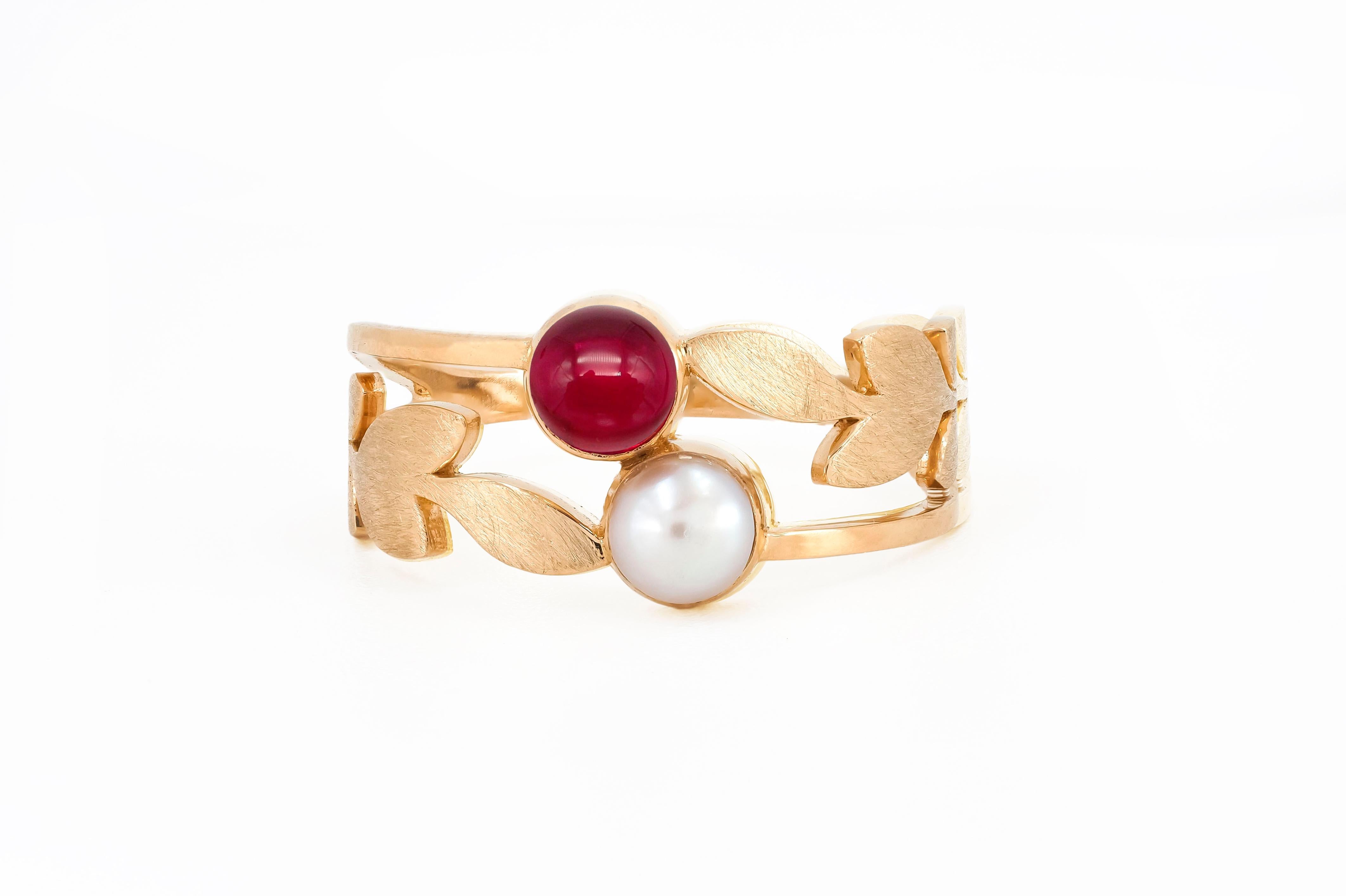En vente :  Bague Toi and moi avec rubis et perle en or 14 carats 9