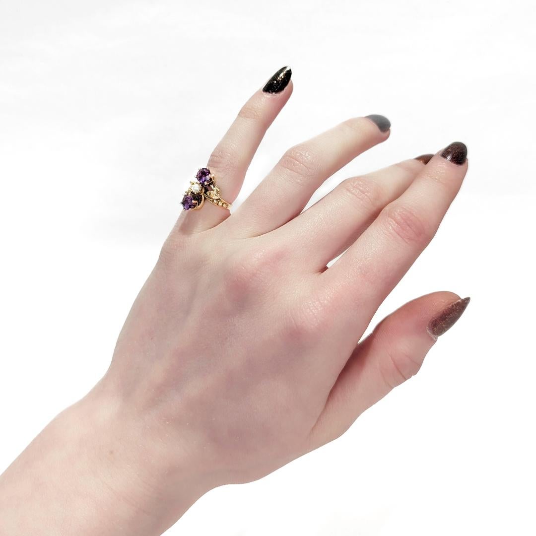 Toi et Moi 14k Gold, Amethyst, and Pearl Cocktail Ring Size 2 For Sale 5