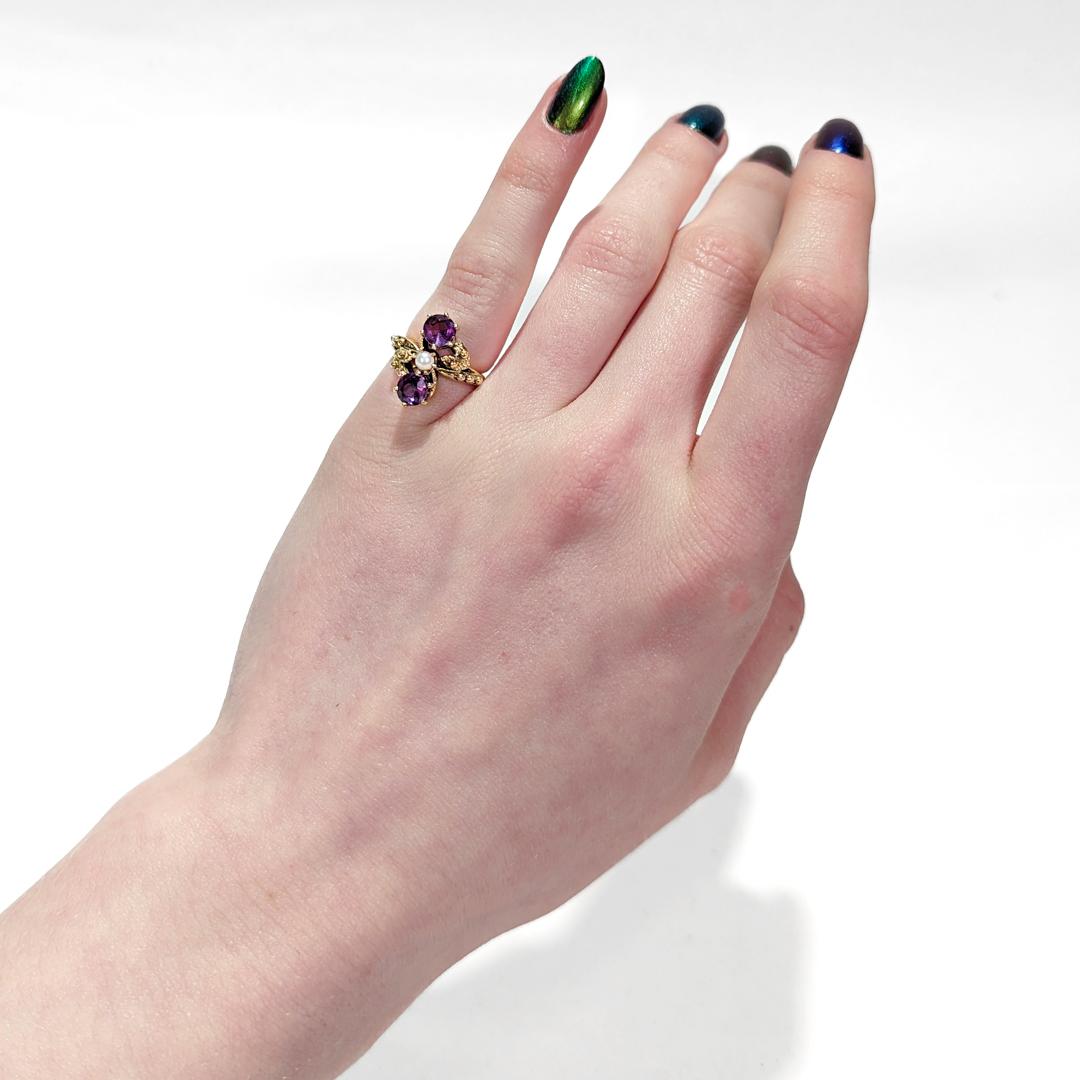 Toi et Moi 14k Gold, Amethyst, and Pearl Cocktail Ring Size 2 For Sale 6