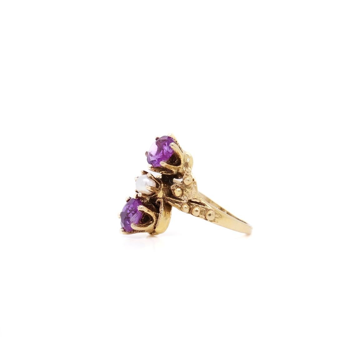 Victorian Toi et Moi 14k Gold, Amethyst, and Pearl Cocktail Ring Size 2 For Sale