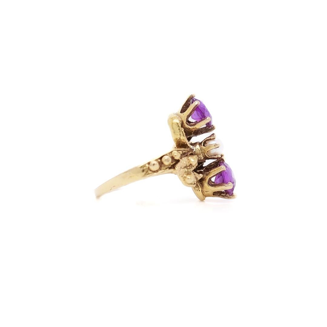 Toi et Moi 14k Gold, Amethyst, and Pearl Cocktail Ring Size 2 For Sale 1