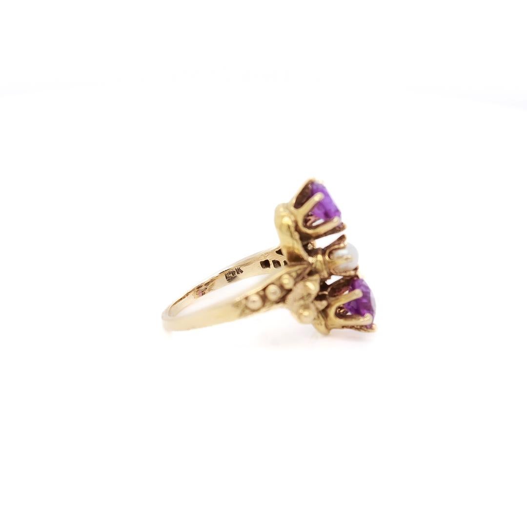 Toi et Moi 14k Gold, Amethyst, and Pearl Cocktail Ring Size 2 For Sale 2