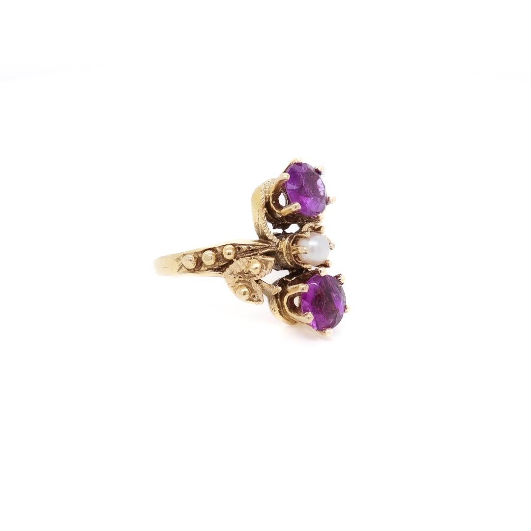 Toi et Moi 14k Gold, Amethyst, and Pearl Cocktail Ring Size 2 For Sale 3