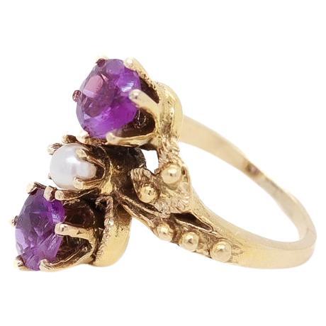 Toi et Moi 14k Gold, Amethyst, and Pearl Cocktail Ring Size 2