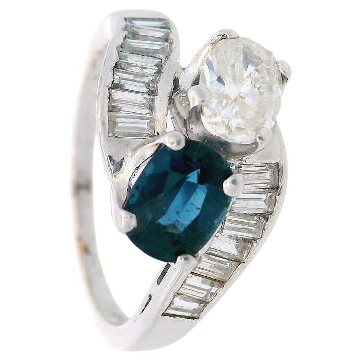 Toi et Moi 1940 Platinum Ring with 4.10 CTW in Diamonds and Blue Sapphire
