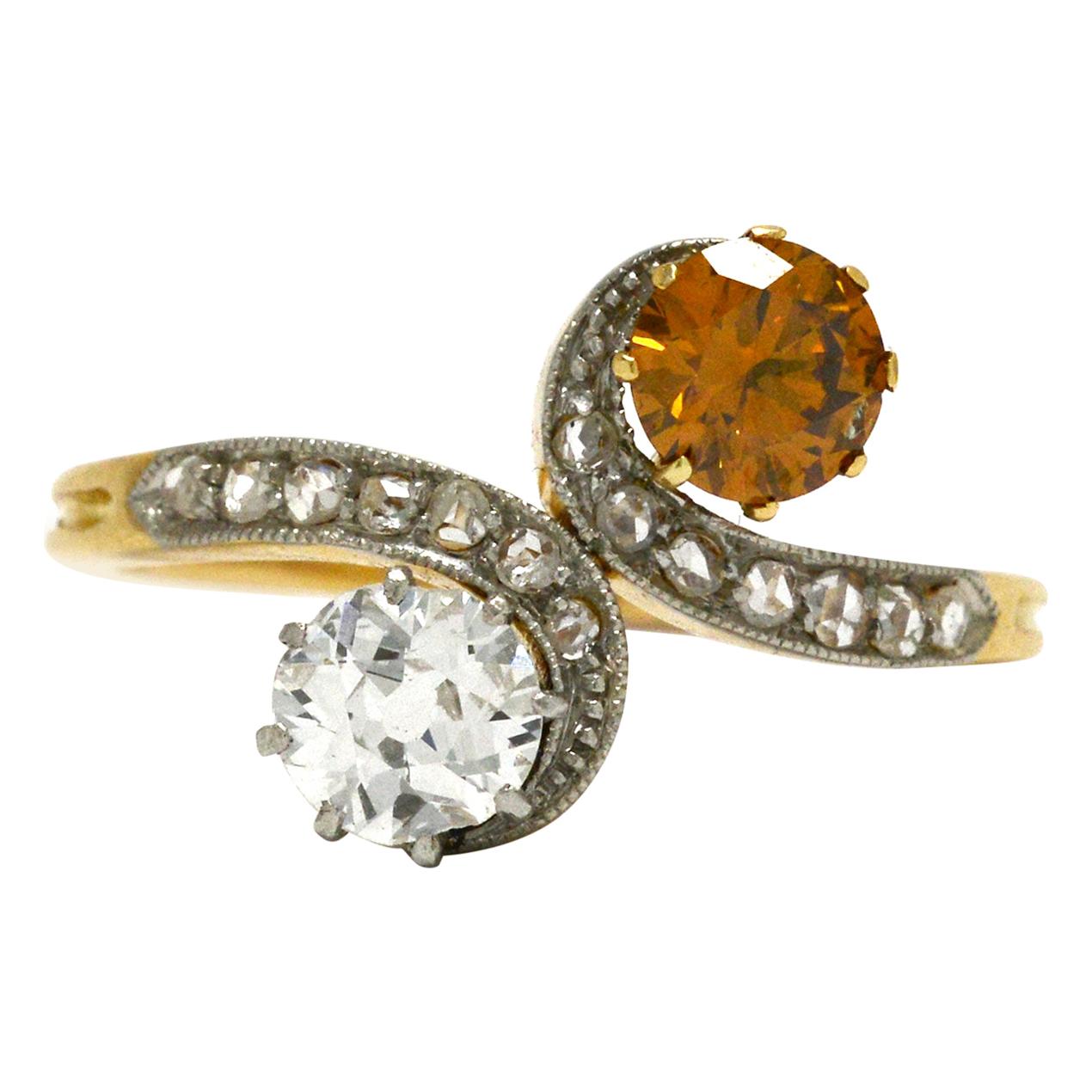 Toi Et Moi Antique Engagement Ring Fancy Colored Diamond 2-Stone Edwardian