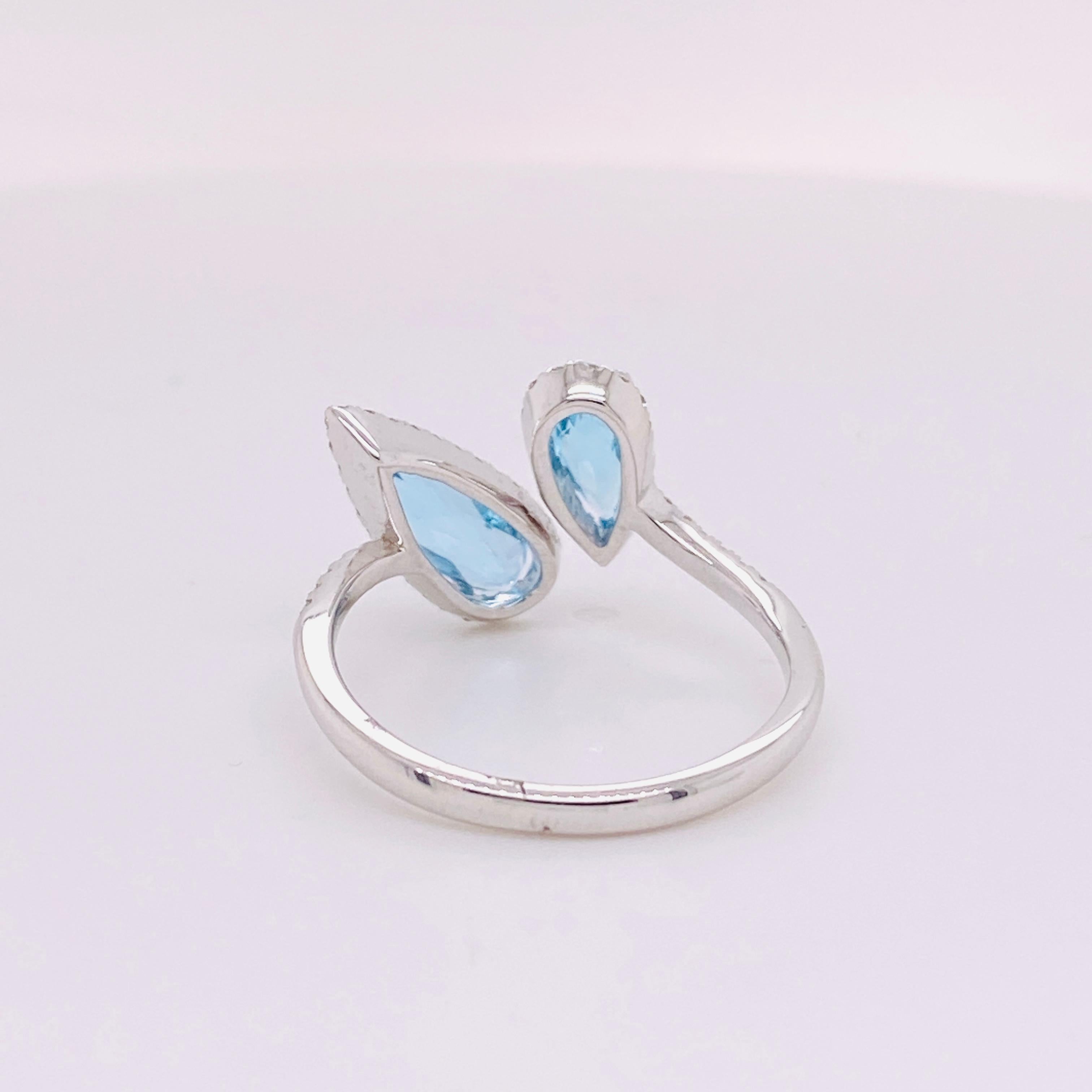 Modern Toi et Moi Blue Topaz Bypass Ring w Diamond Halos You and Me Ring in 14k Gold For Sale