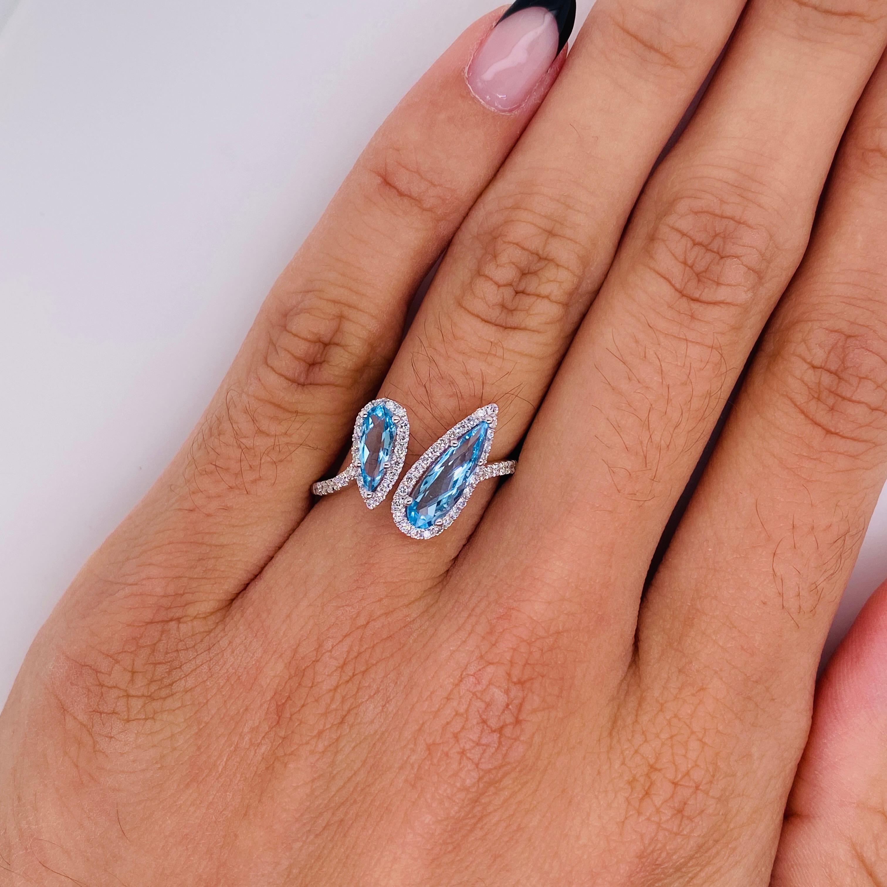 Pear Cut Toi et Moi Blue Topaz Bypass Ring w Diamond Halos You and Me Ring in 14k Gold For Sale