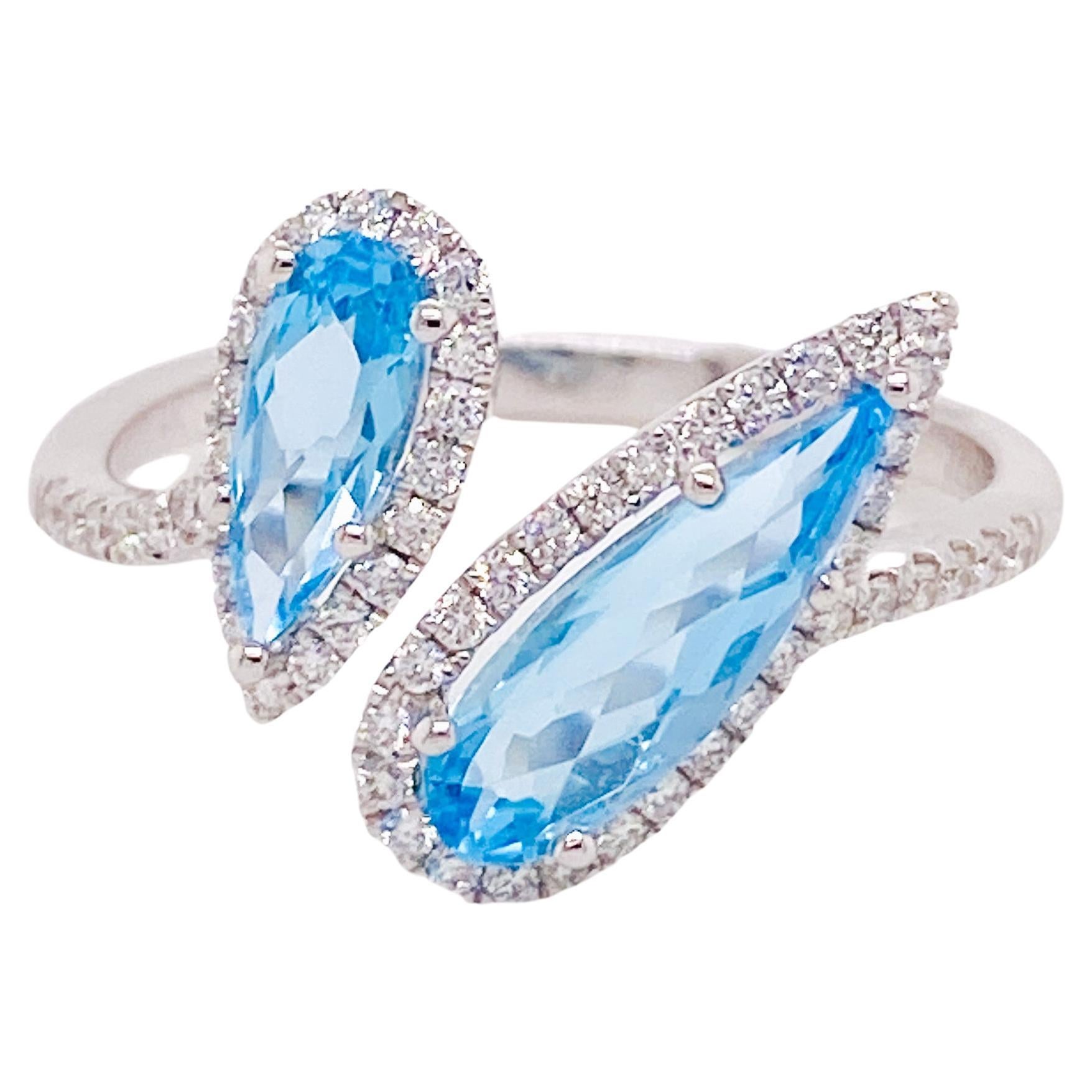 Toi et Moi Blue Topaz Bypass Ring w Diamond Halos You and Me Ring in 14k Gold For Sale