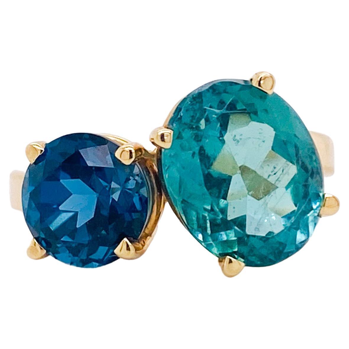 Toi Et Moi Blue Zircon and Tourmaline Ring Yellow Gold with Two Stones Sizable For Sale
