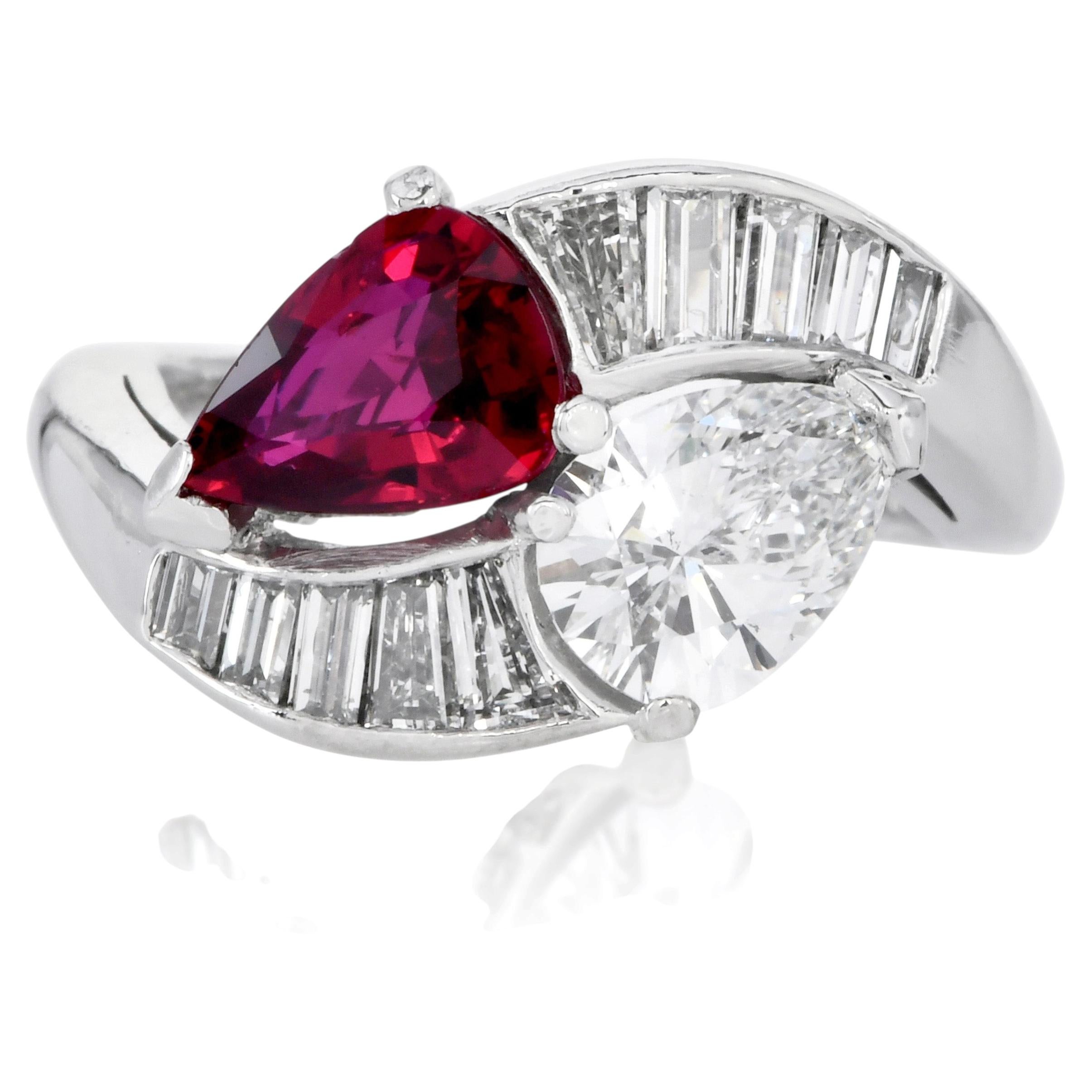 Toi et Moi Certified Diamond RED Ruby 2.23cts Platinum Engagement Ring