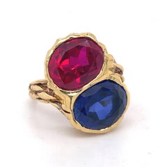 Toi Et Moi Cocktail Engagement Ring - Synthetic Ruby & Sapphire, 18K Yellow gold