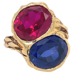 Retro Toi Et Moi Cocktail Engagement Ring - Synthetic Ruby & Sapphire, 18K Yellow gold