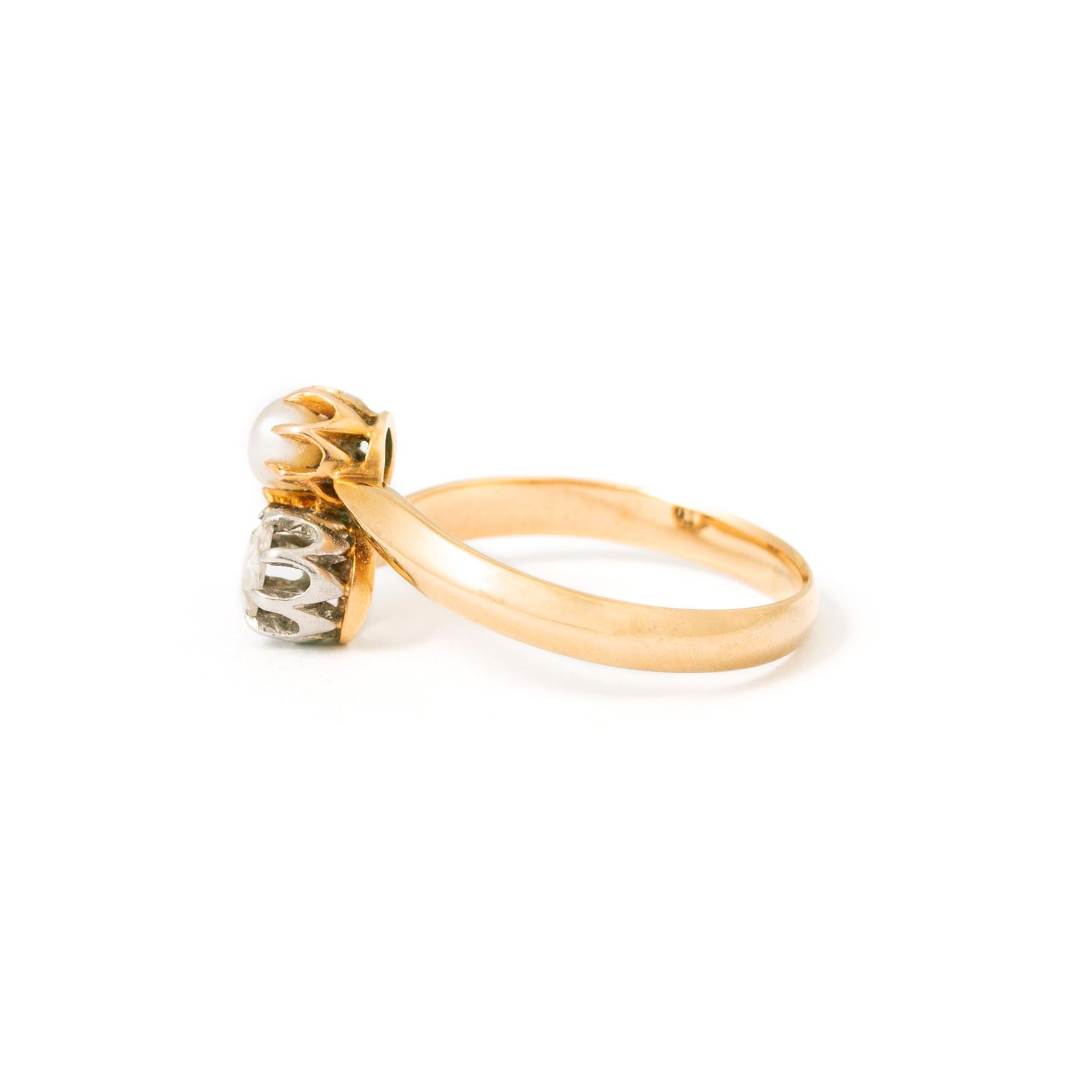 Art Nouveau Toi et Moi Diamond Pearl Gold Ring For Sale