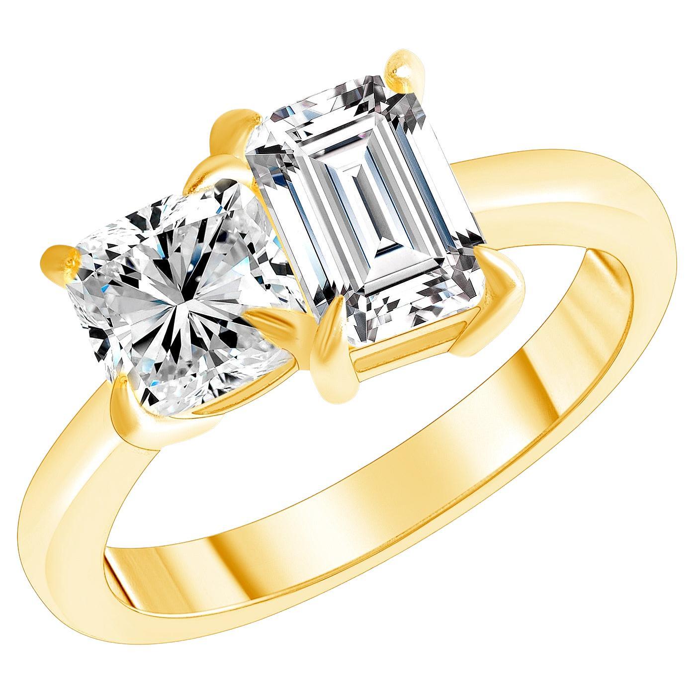 Toi et Moi Verlobungsring mit Smaragd und Diamanten im Kissenschliff mit zwei Steinen, 1,00 Karat