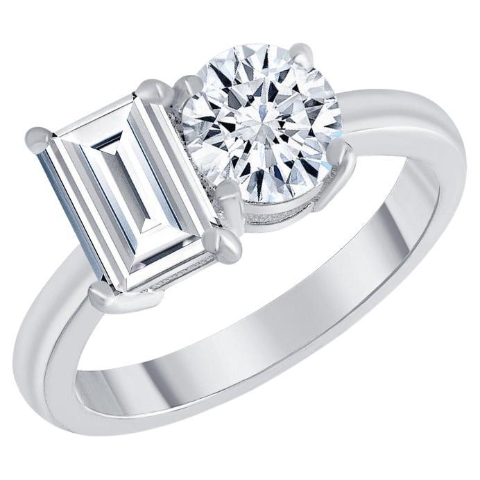 For Sale:  Toi et Moi Emerald Cut and Round Diamond Two Stone Engagement Ring 1.00 Carat