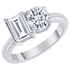 Toi et Moi Emerald Cut and Round Diamond Two Stone Engagement Ring 1.00 Carat