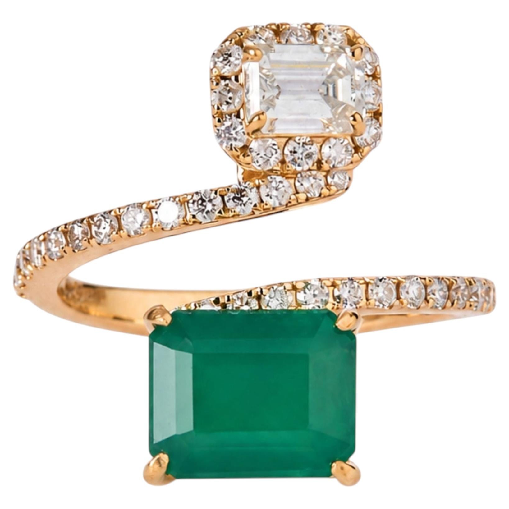 Toi et Moi Emerald Natural Diamond Wrap Ring in 14k Solid Gold (Certified) For Sale