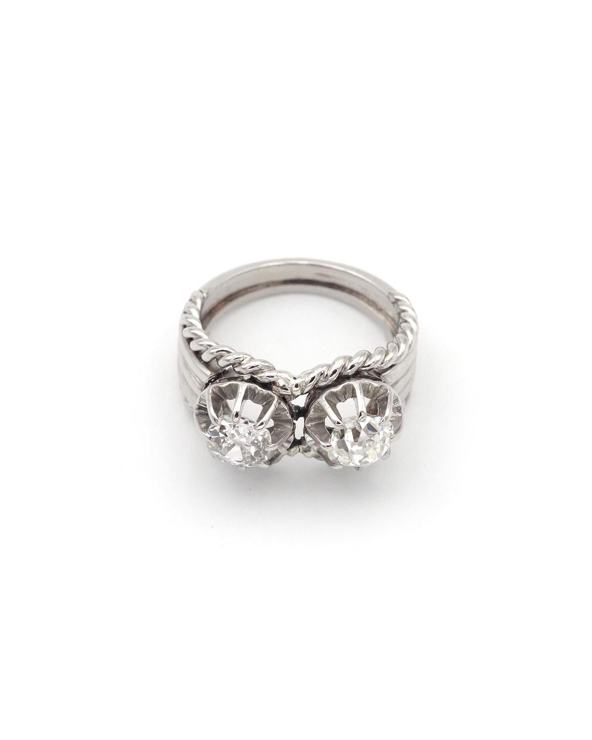 Rétro Toi et Moi, anello francese in platino e diamanti degli anni '50, anello a corde retrò in vendita