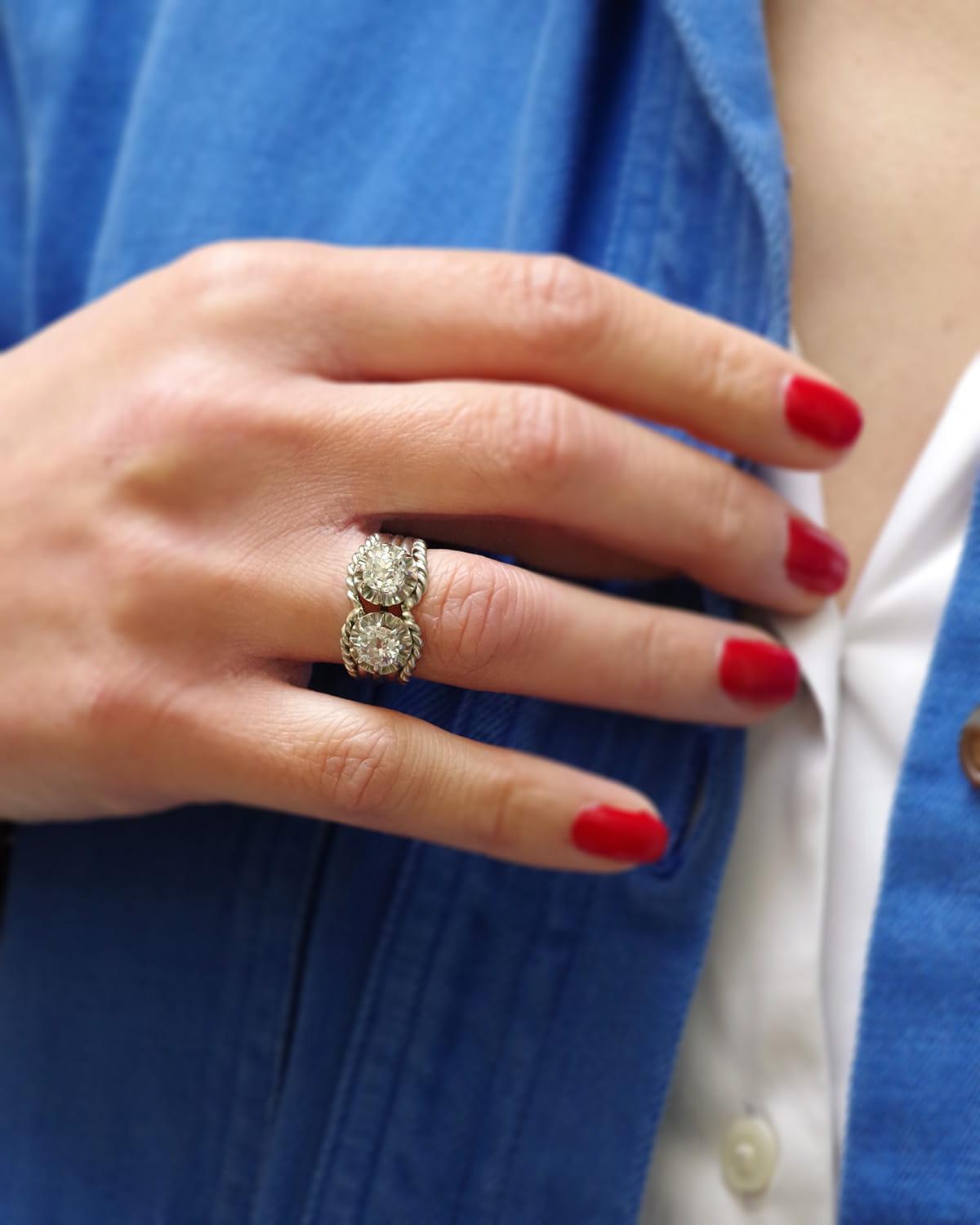 Toi et Moi, anello francese in platino e diamanti degli anni '50, anello a corde retrò in vendita 1