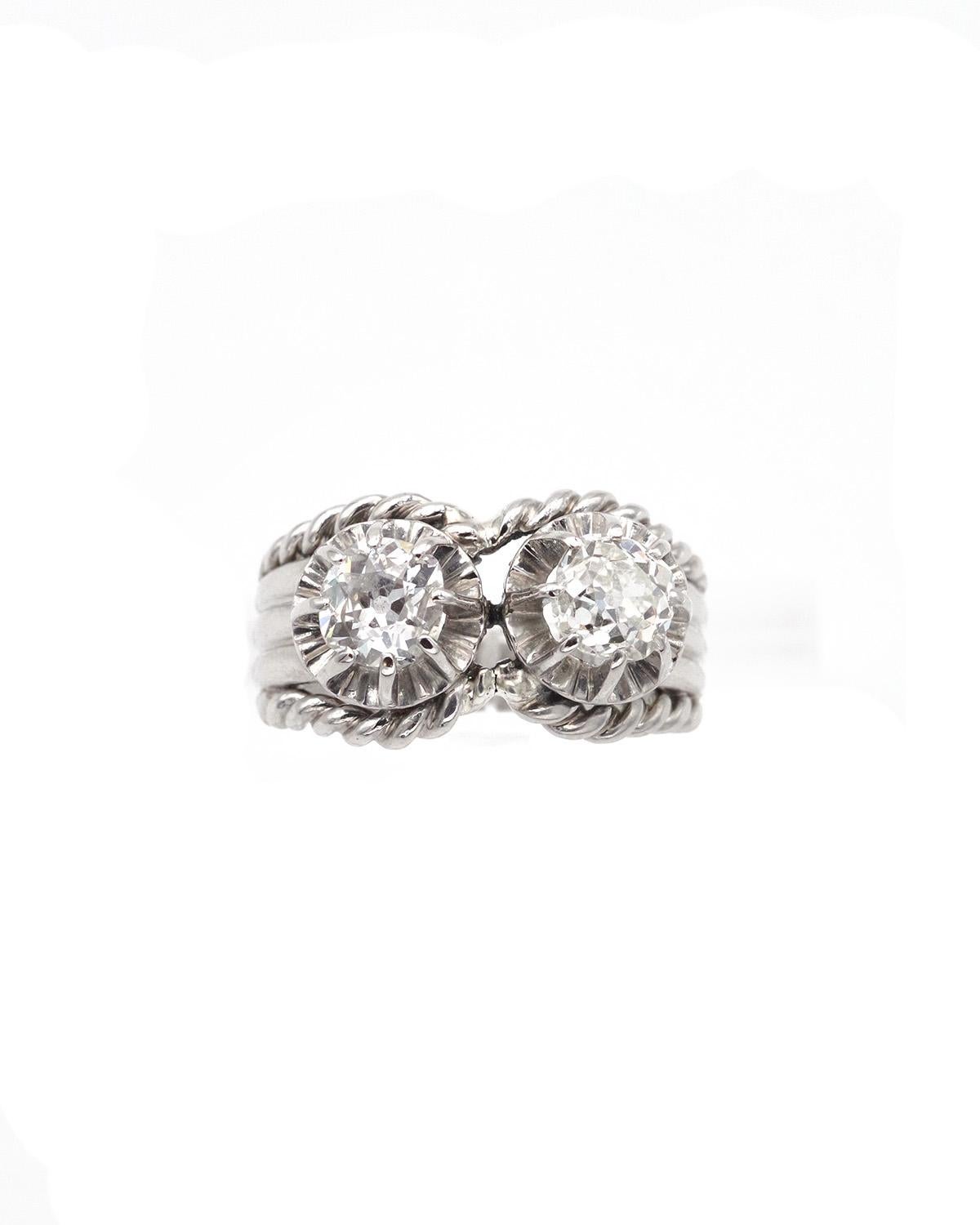 Toi et Moi, anello francese in platino e diamanti degli anni '50, anello a corde retrò in vendita 3
