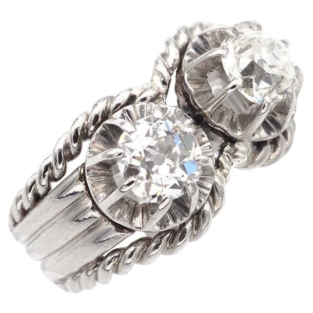 Toi et Moi, anello francese in platino e diamanti degli anni '50, anello a corde retrò in vendita