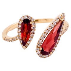 Toi et Moi Garnet Bypass Ring w Diamond Halos You and Me Ring in 14k Gold