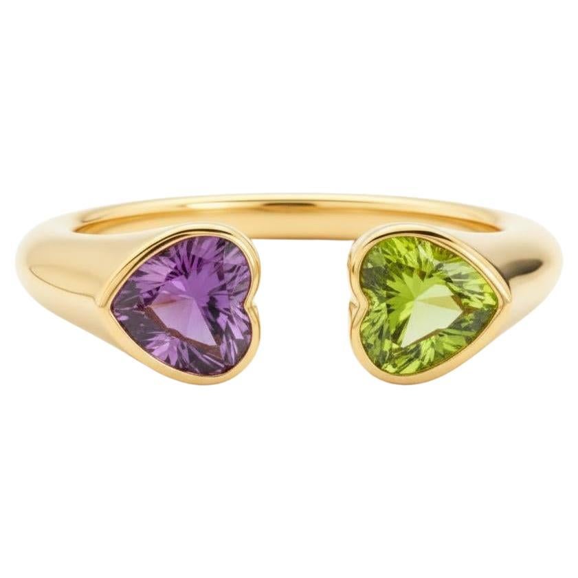 Toi et Moi Gemstone Ring: Heart Peridot and Amethyst