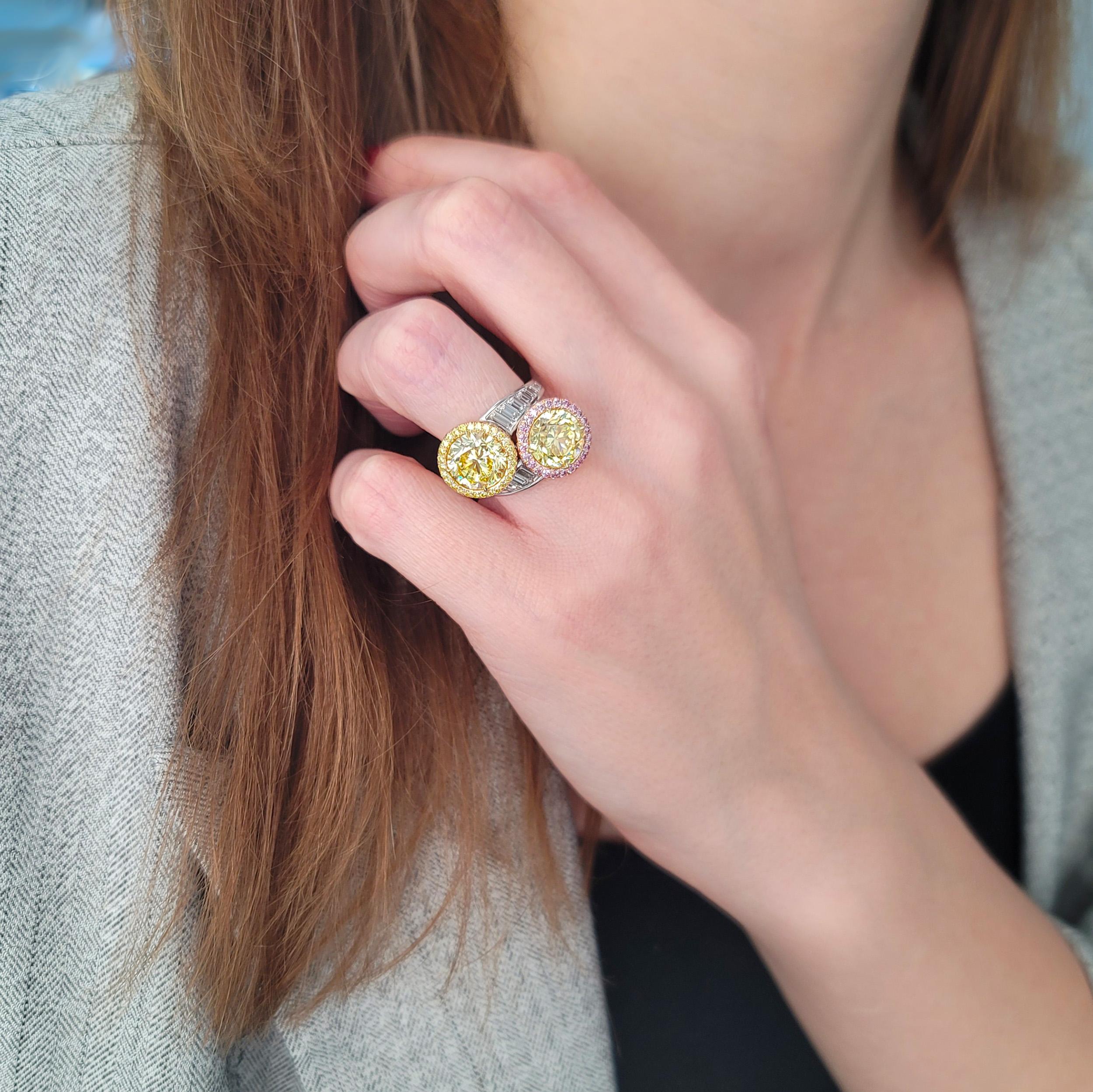 Toi et Moi Vivid Yellow Diamond Ring 
This ring has two round center diamonds: 3.32ct Round Brilliant Cut diamond, (Color: Vivid Yellow, Clarity: VVS2, GIA#2155652528) and 3.31ct Round Brilliant Cut diamond, (Color: Vivid Yellow, Clarity: VVS2,